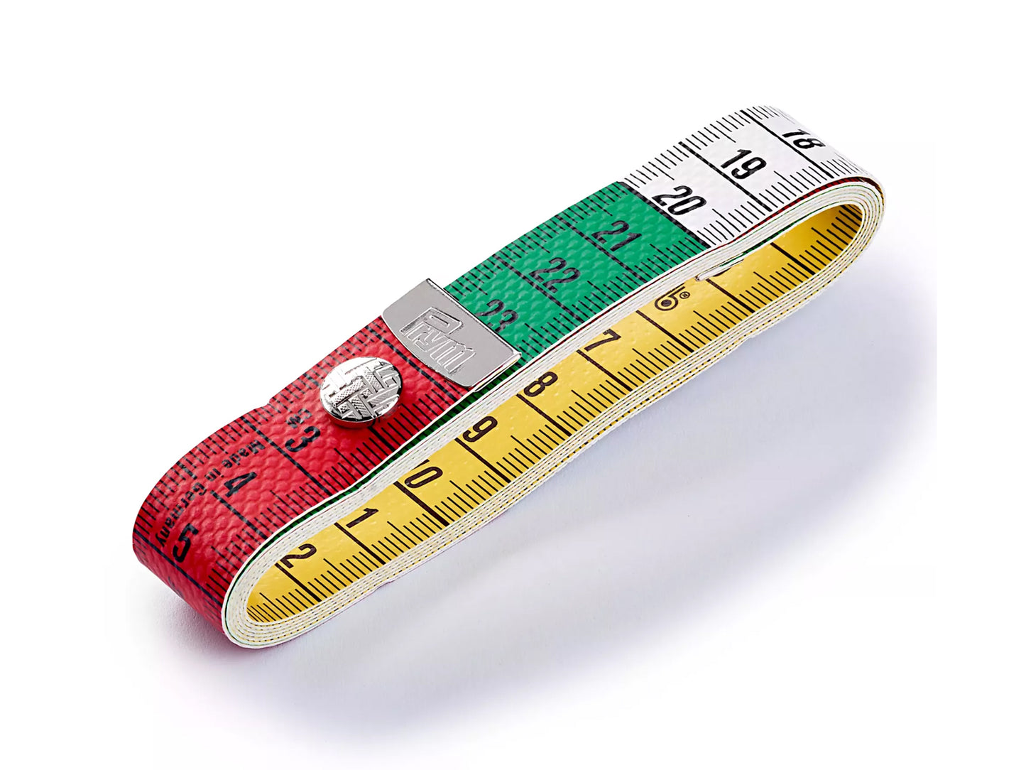 Prym Color Plus Maßband 150 cm in rotem, grünem und gelbem Design mit Druckknopf und robusten Metallfassungen.