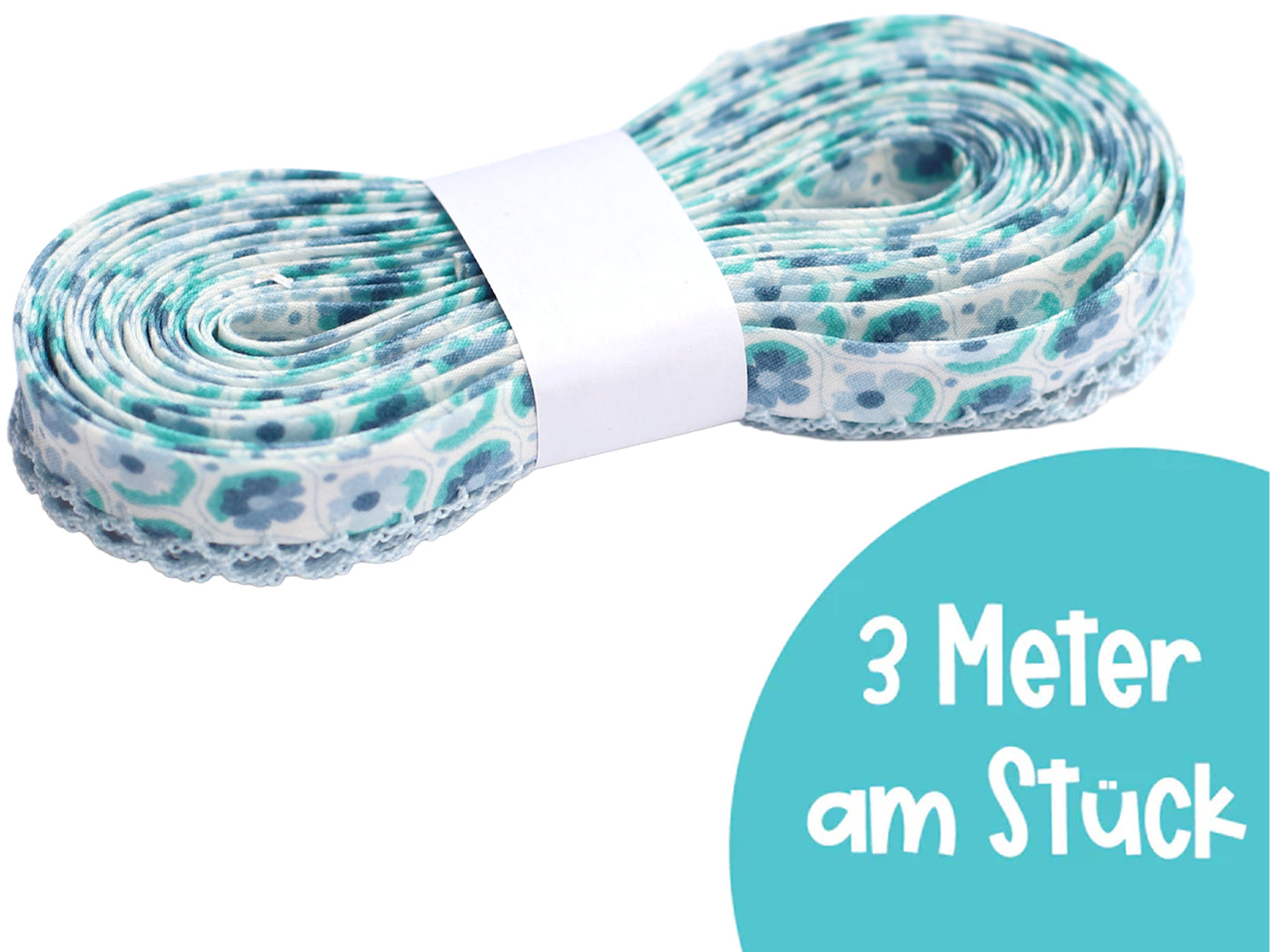 3m Schrägband mit Häkelborte - Floral - hellblau