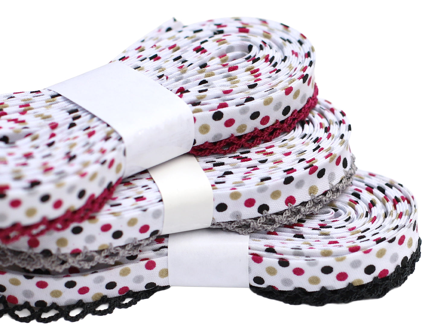 3m Schrägband mit Häkelborte - Herbst Punkte - grau