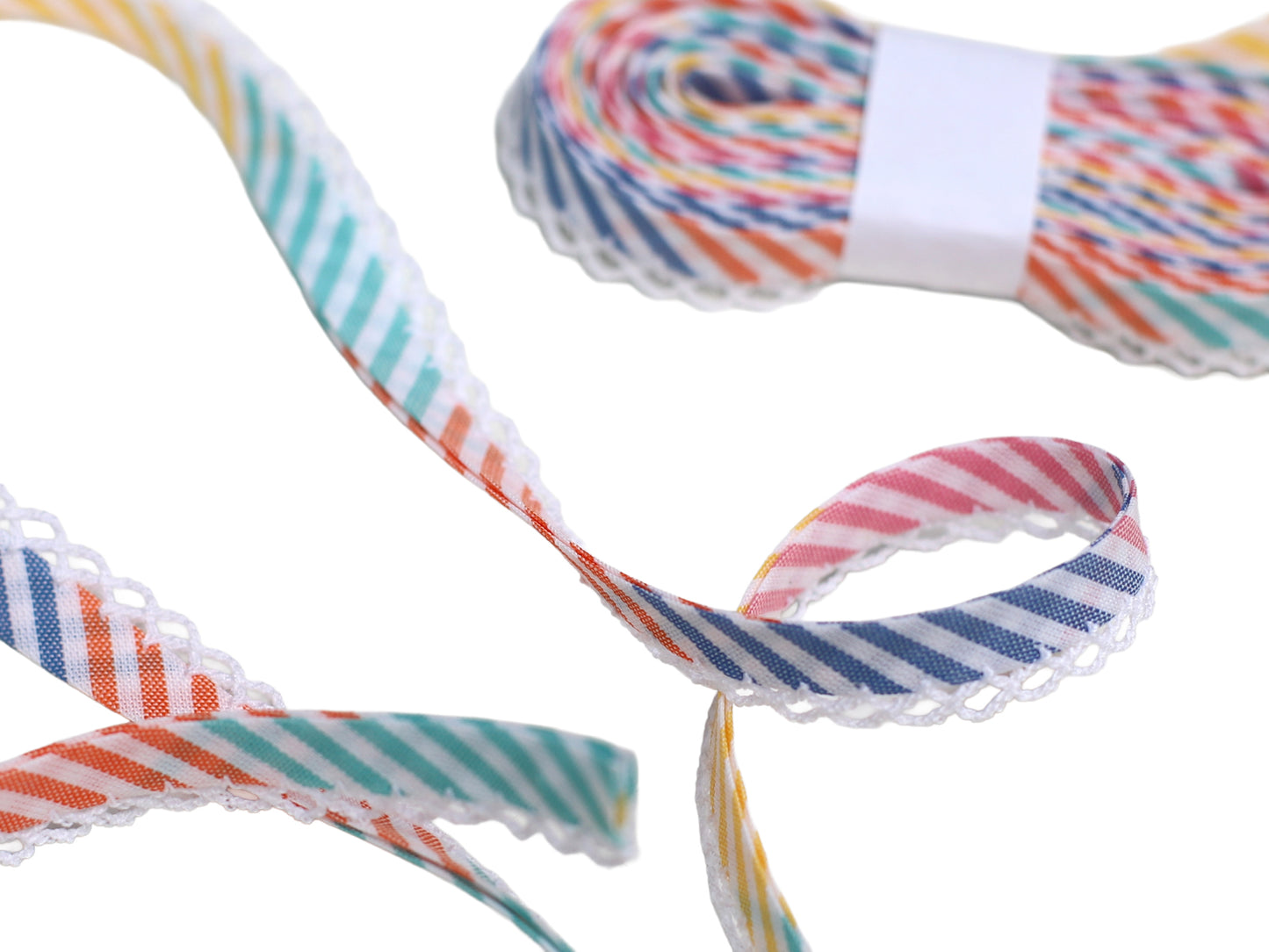 3m Schrägband mit Häkelborte - Bunte Streifen - weiß