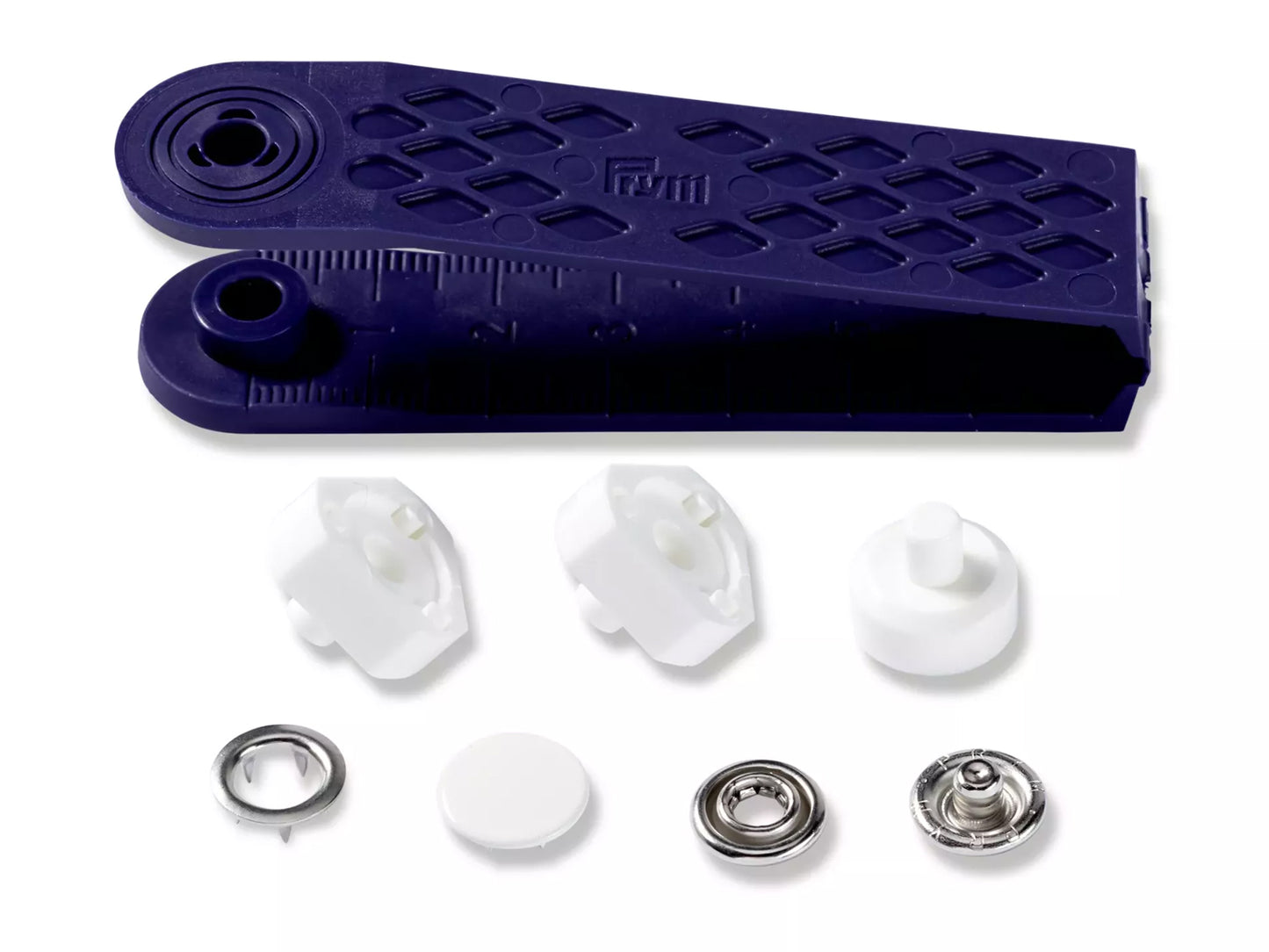 Prym Jersey Druckknöpfe 12mm in Weiß mit Werkzeug für einfache Anwendung und verschiedene Designs.