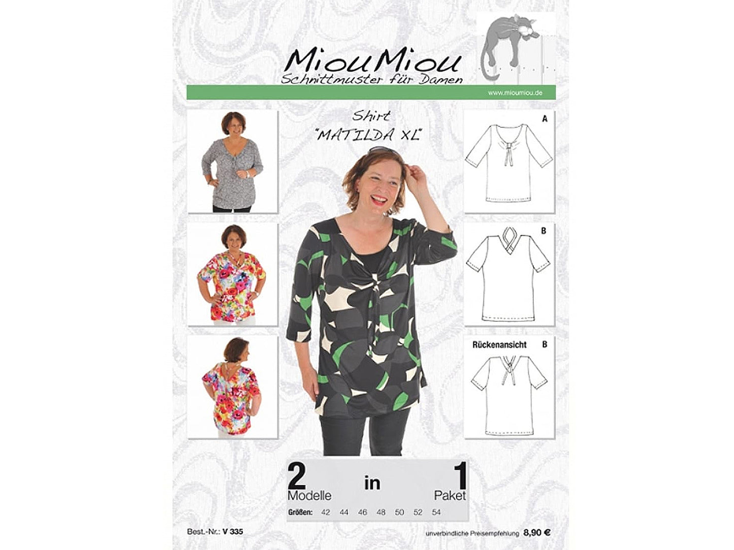 Miou Miou Matilda XL Schnittmuster Papierschnittmuster für Damen-Shirt mit Wasserfallausschnitt und V-Ausschnitt.