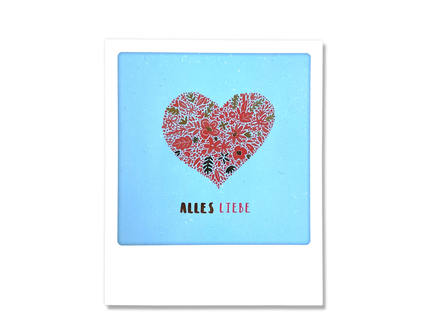 alles liebe herz postkarte mit floralem Herzdesign auf blauem Hintergrund