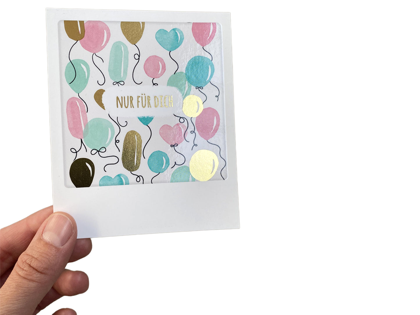 Luftballons Postkarte Geschenkkarte mit bunten Illustration und golden funkelnden Highlights, 9x11 cm großes Design.