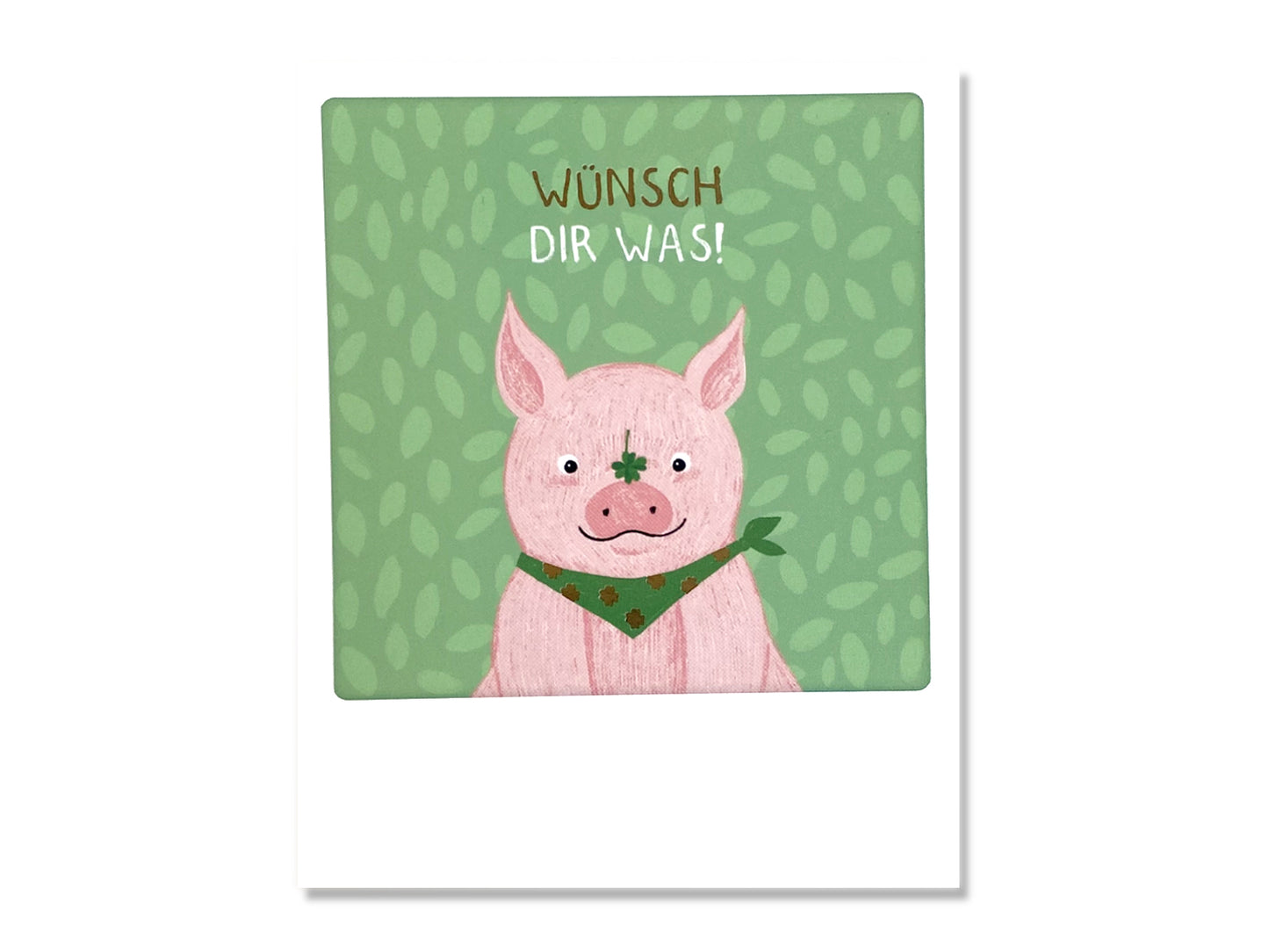 Glücksschwein Postkarte verschenken mit lustigem Schwein und grünen Hintergrund, perfekte Geschenk-Karte für jeden Anlass.