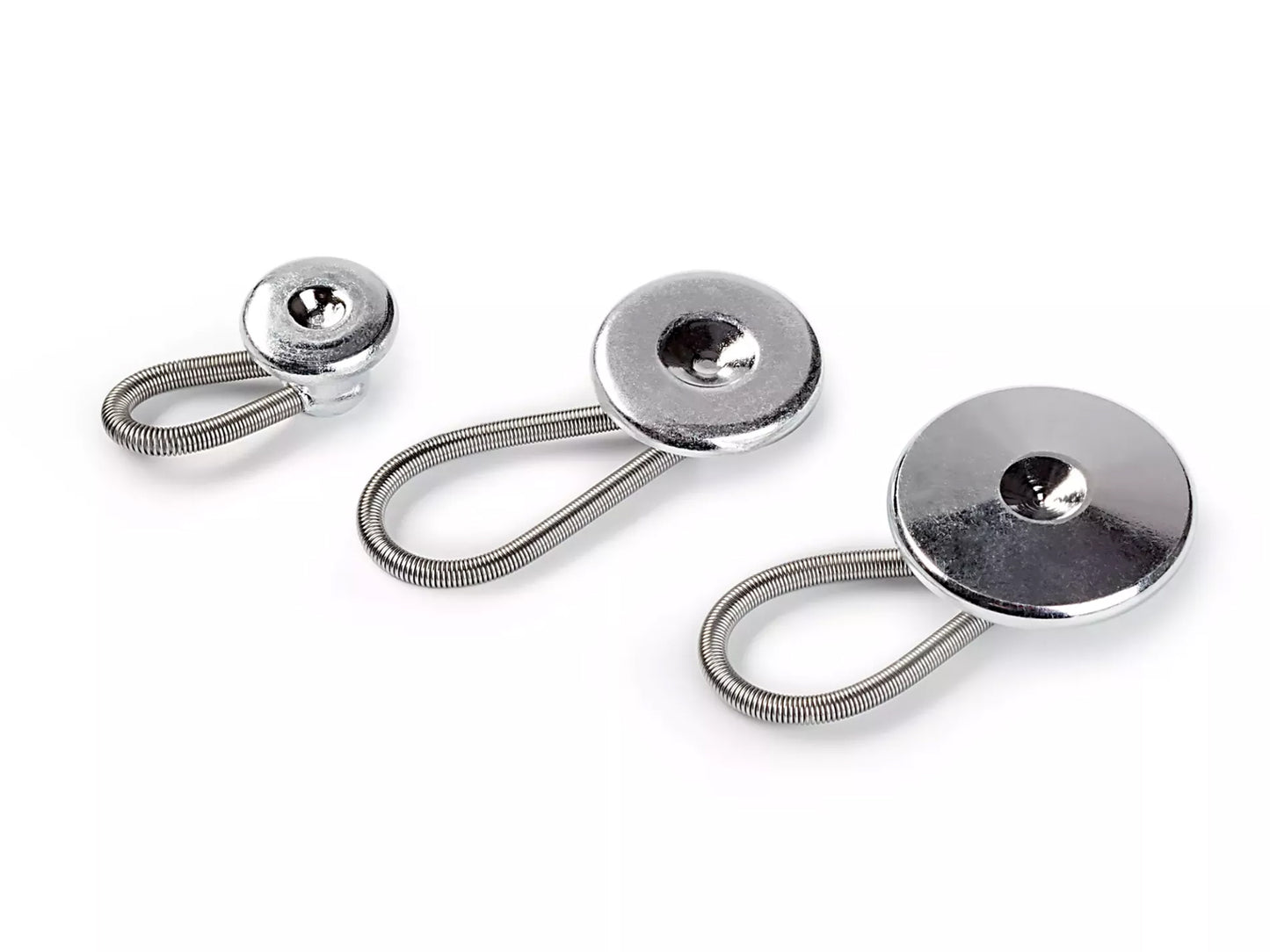 Prym flexible metal buttons in 10mm, 15mm, and 19mm sizes with loop for adjustable fits.