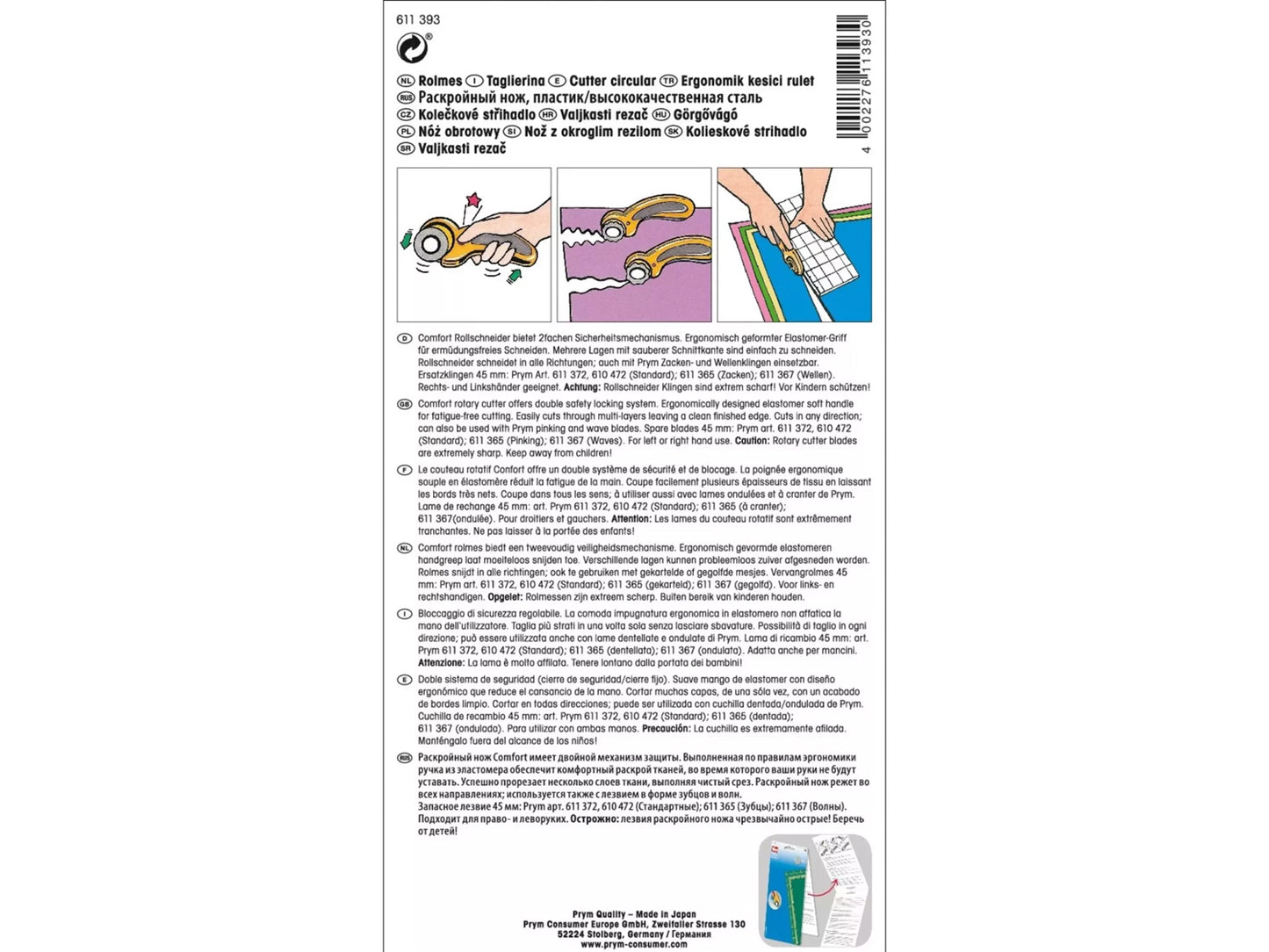 Prym 45mm Comfort rotary cutter packaging with ergonomic grip and instructions for use.