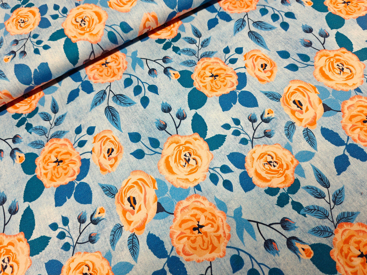 Jersey Stoff - Jeansoptik Blüten apricot