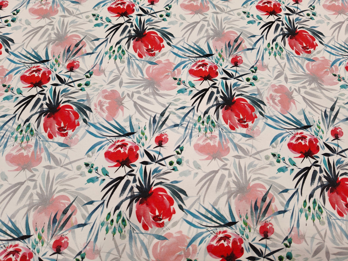 Jersey Stoff - Flowers petrol
