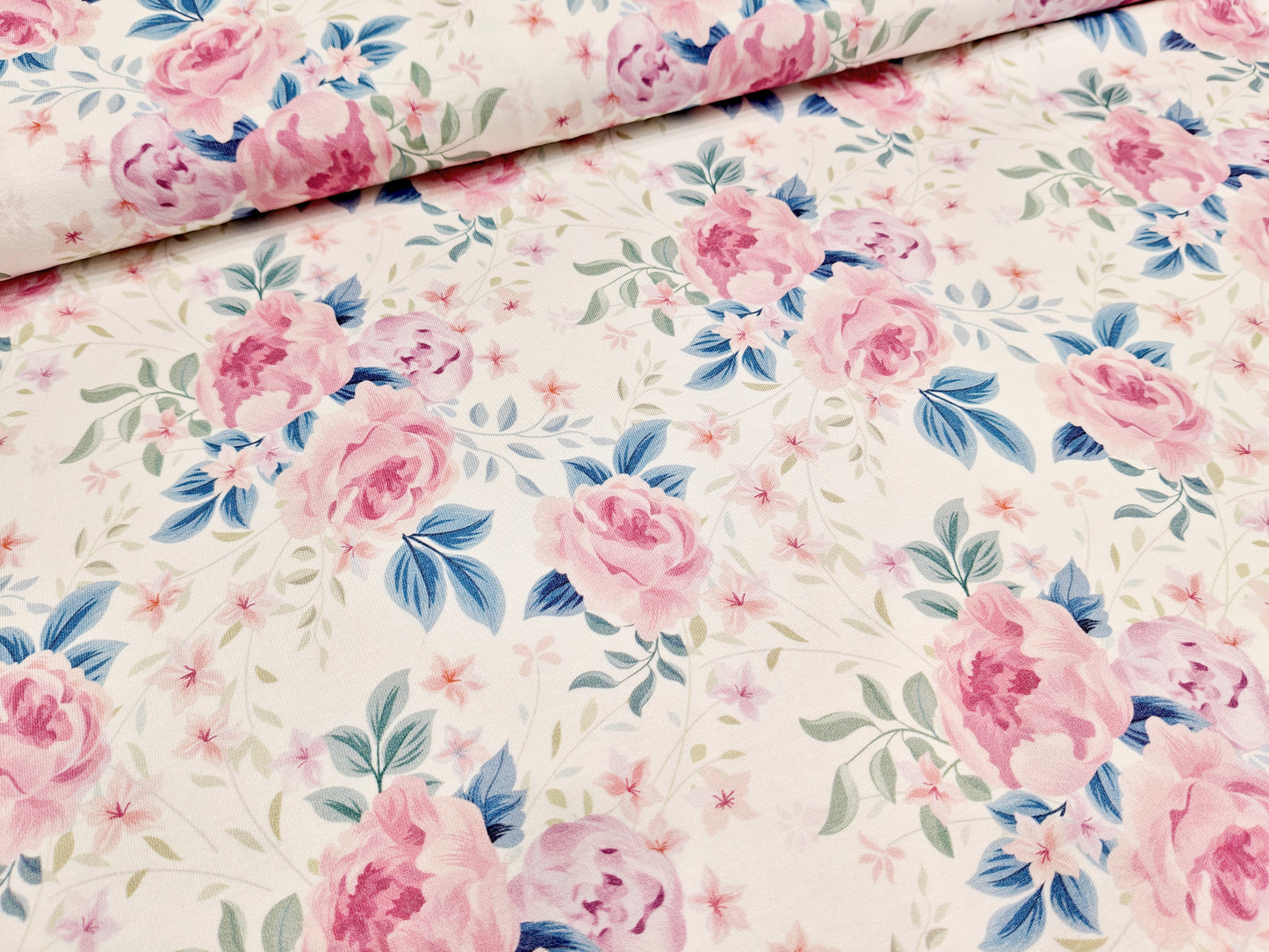 Viskose Jersey Stoff - Blumen rose, blau