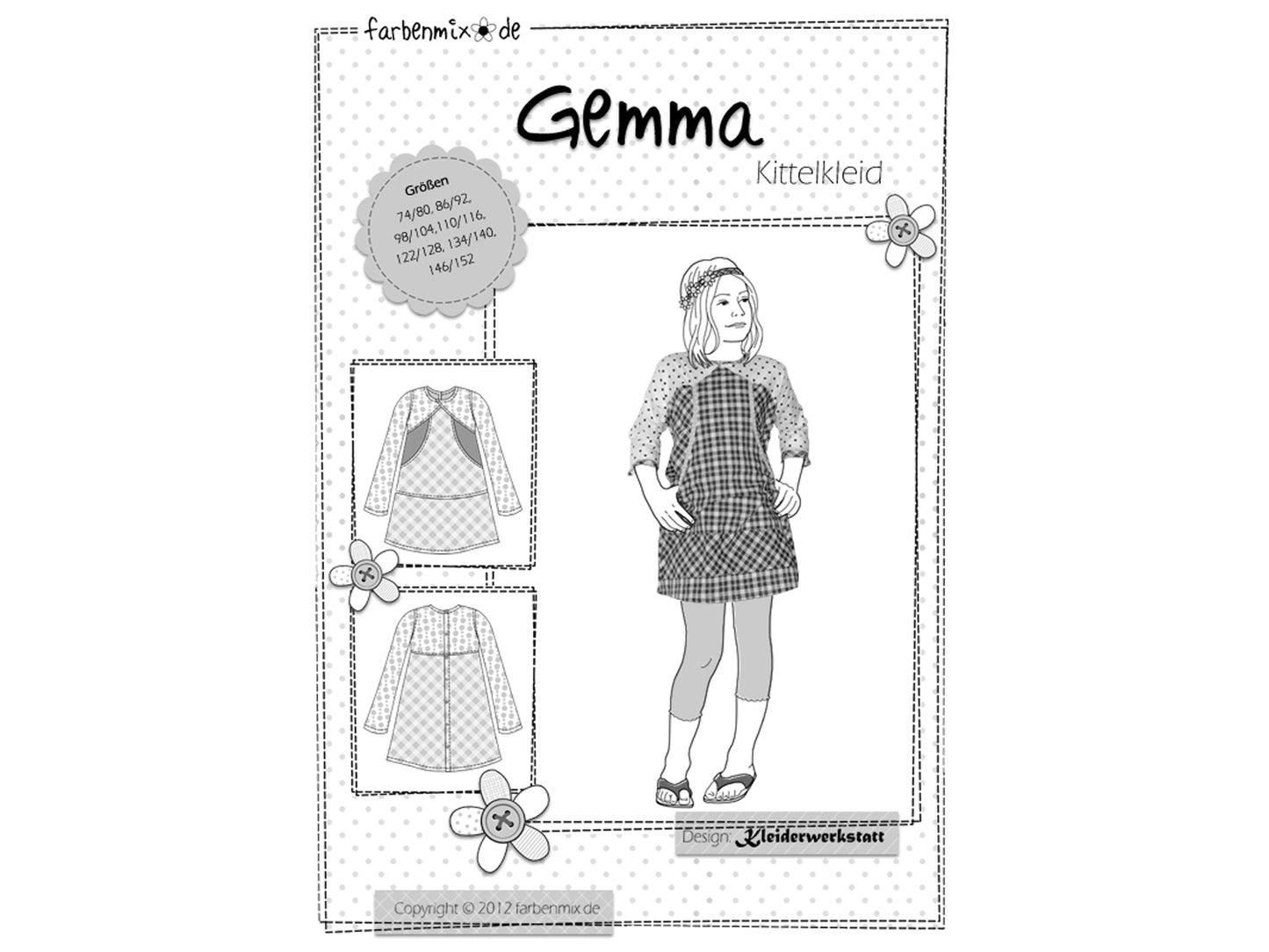 Farbenmix Gemma Kittelkleid Schnittmuster - Papierschnittmuster mit Größen und Design für Mädchenkleider.
