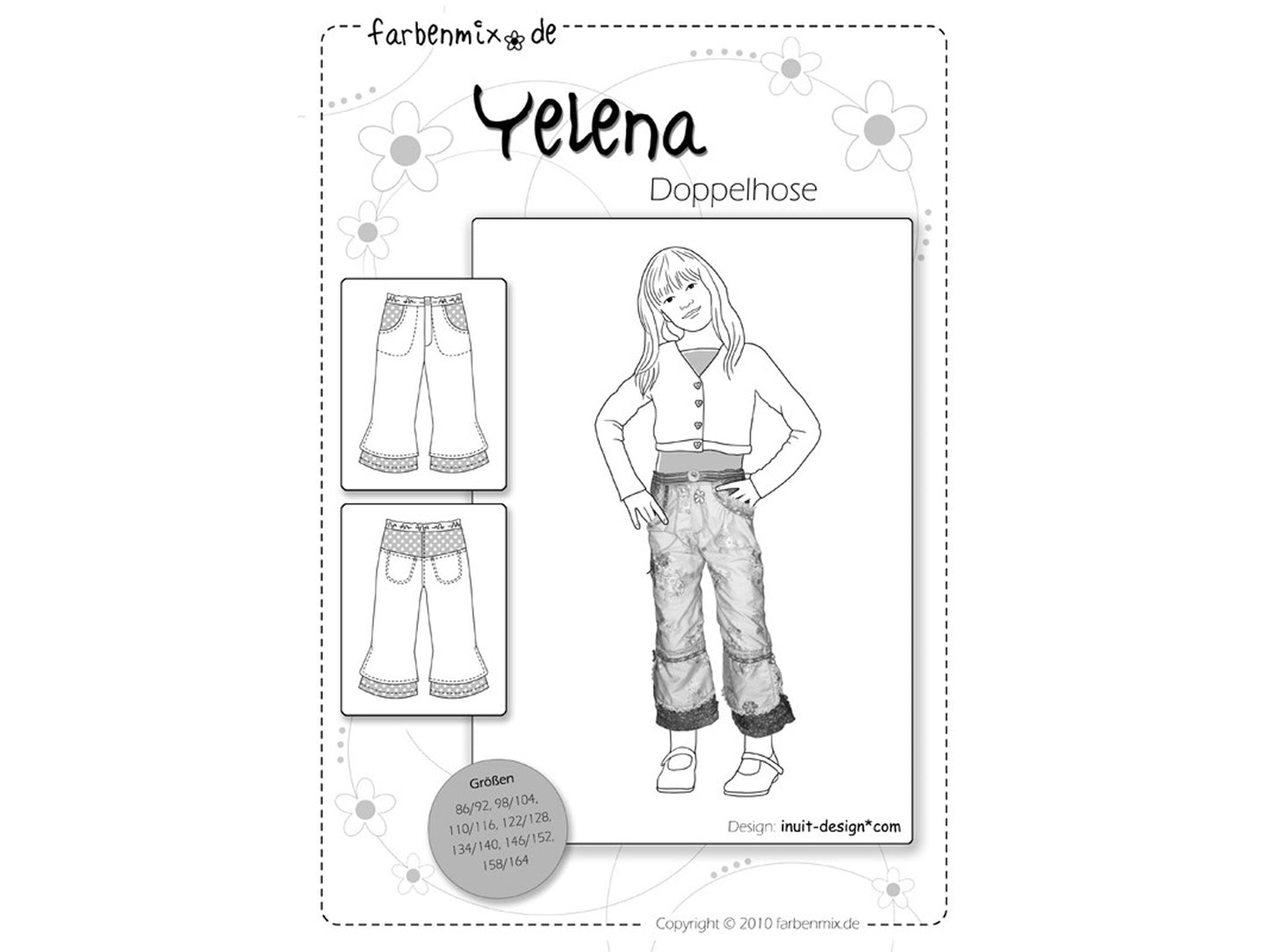 Farbenmix Kinderhose Schnittmuster Yelena - Schnittbogen mit Kinderhose Design und Größenangaben in schwarz-weiß.
