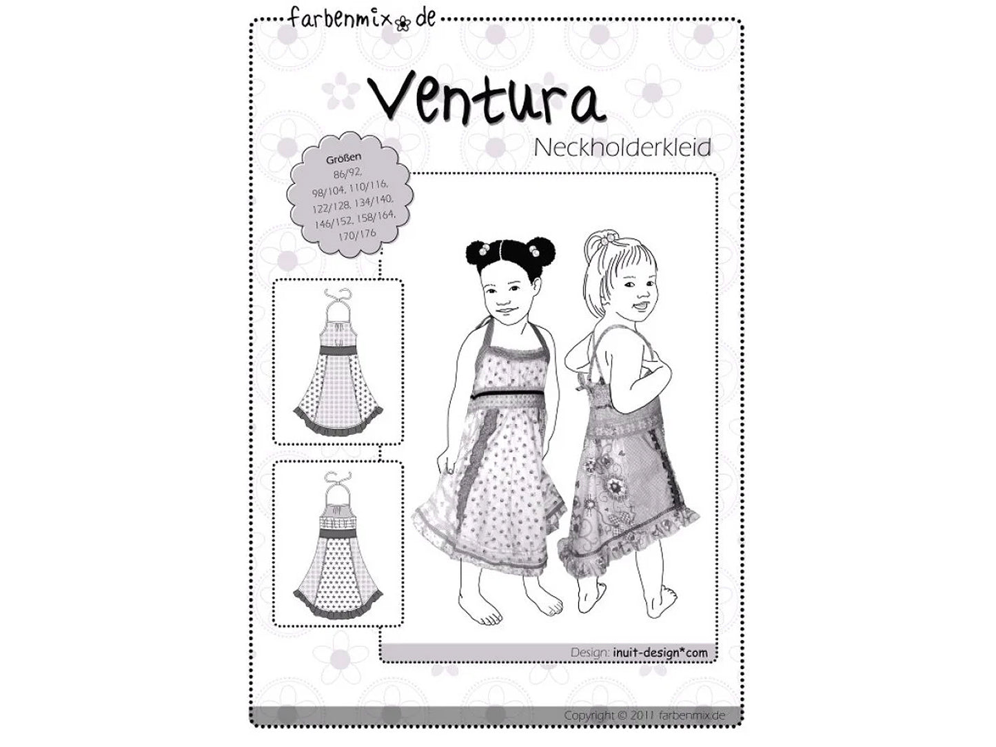 Farbenmix Schnittmuster Ventura für Neckholderkleid mit Größen für Mädchen abgebildet.