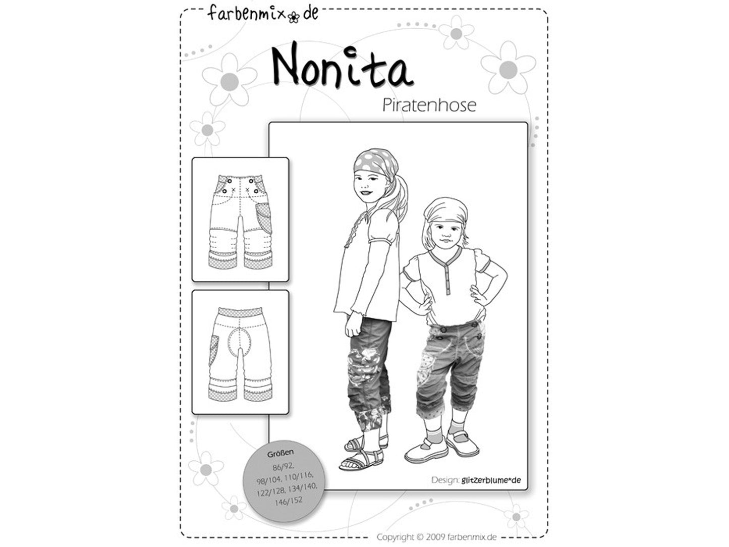 Farbenmix Piratenhose Schnittmuster - Nonita Design mit Größen 86/92 bis 146/152 für Jungen und Mädchen.