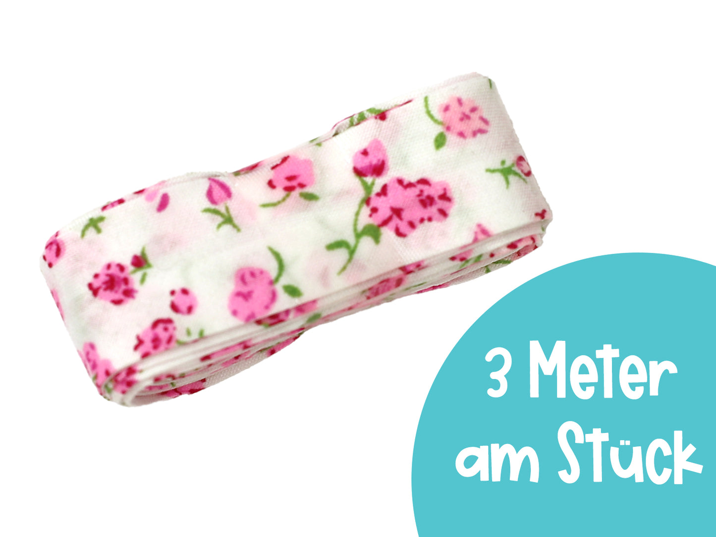 3m Schrägband - Blumen - weiß-rosa