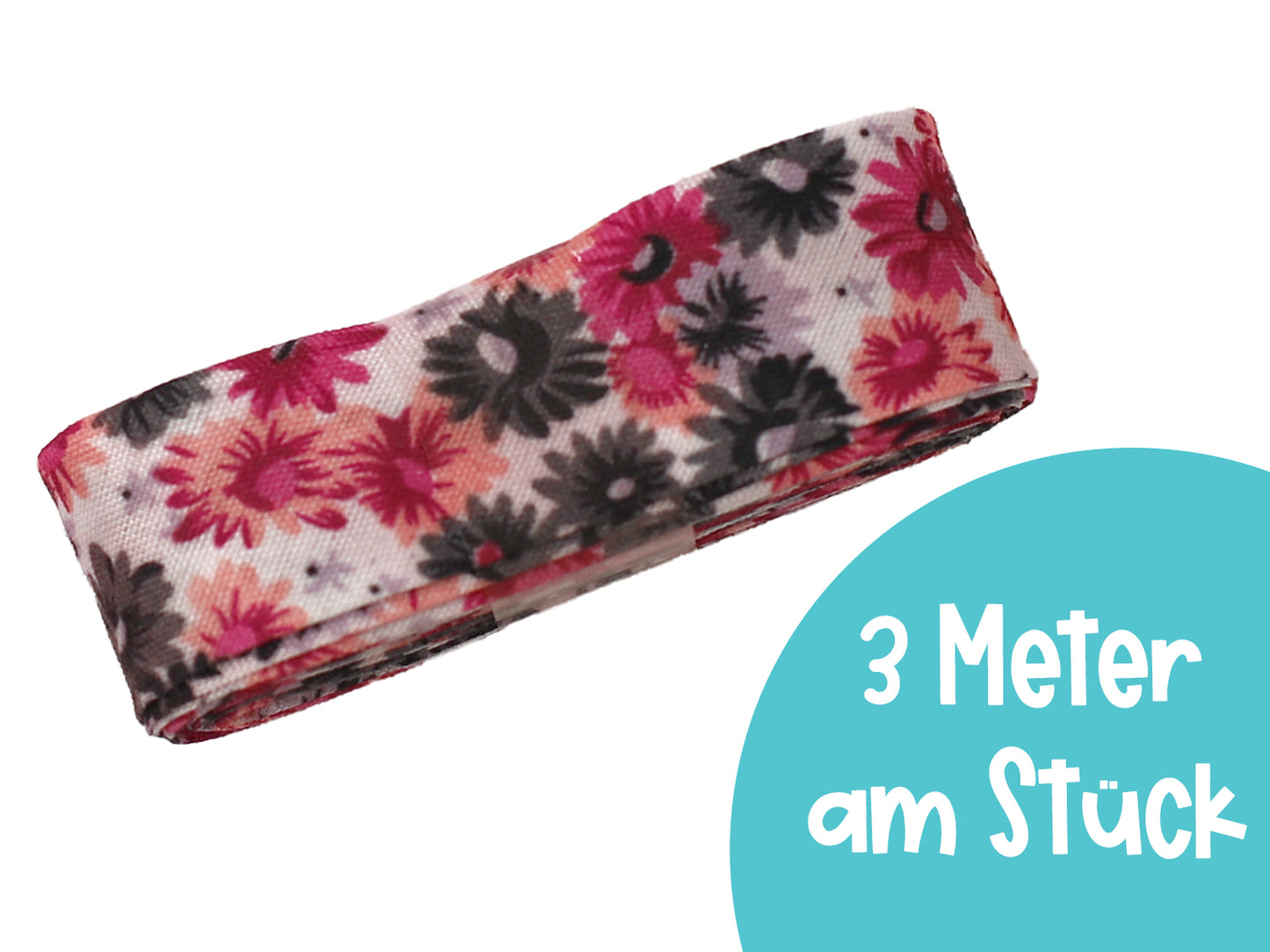 3m Schrägband - Blumenmeer - grau-pink