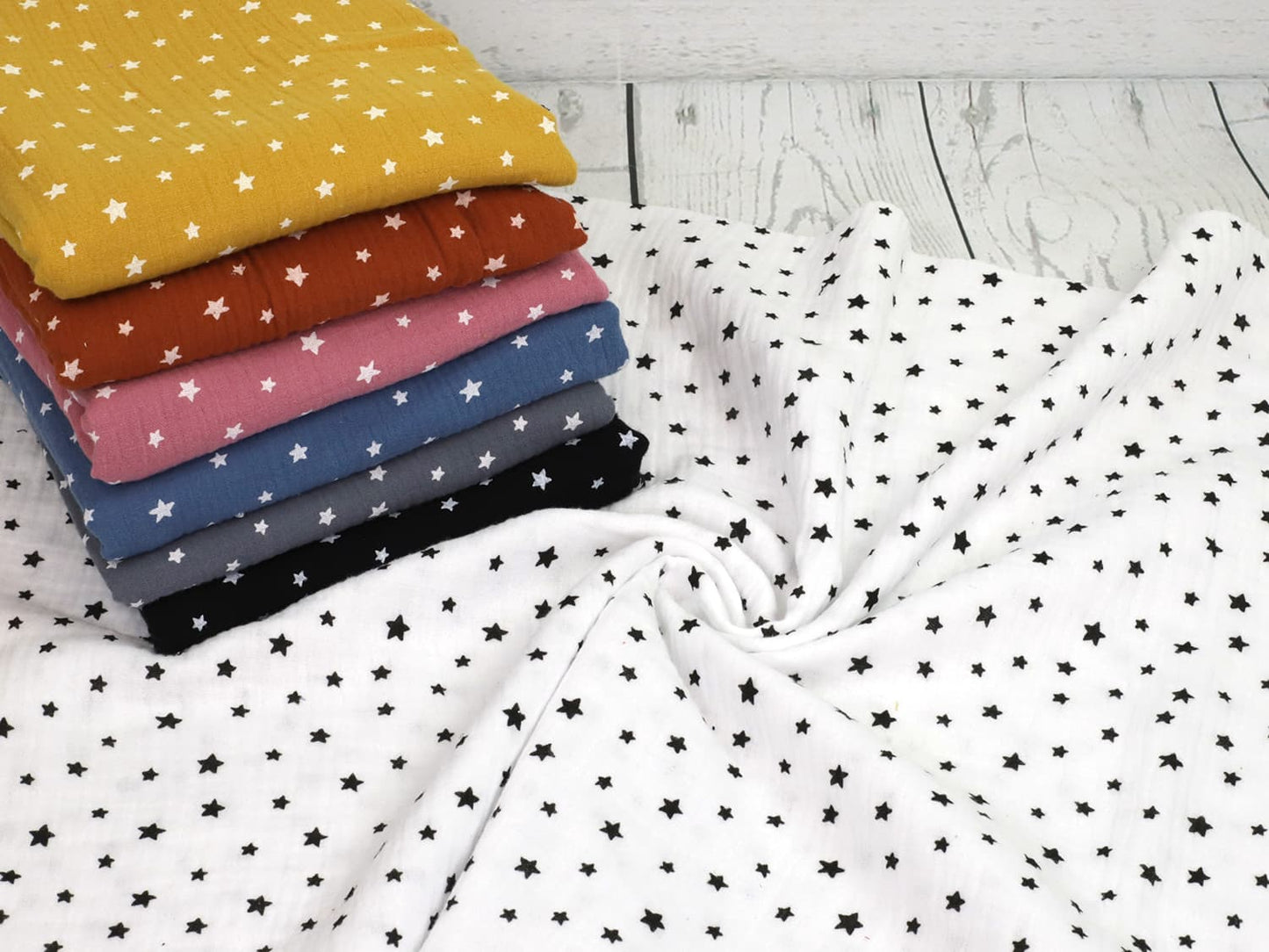 stoff-baumwolle-baumwollstoff-musselin-double-gauze-sterne-sternchen-stars-verschiedene-farben