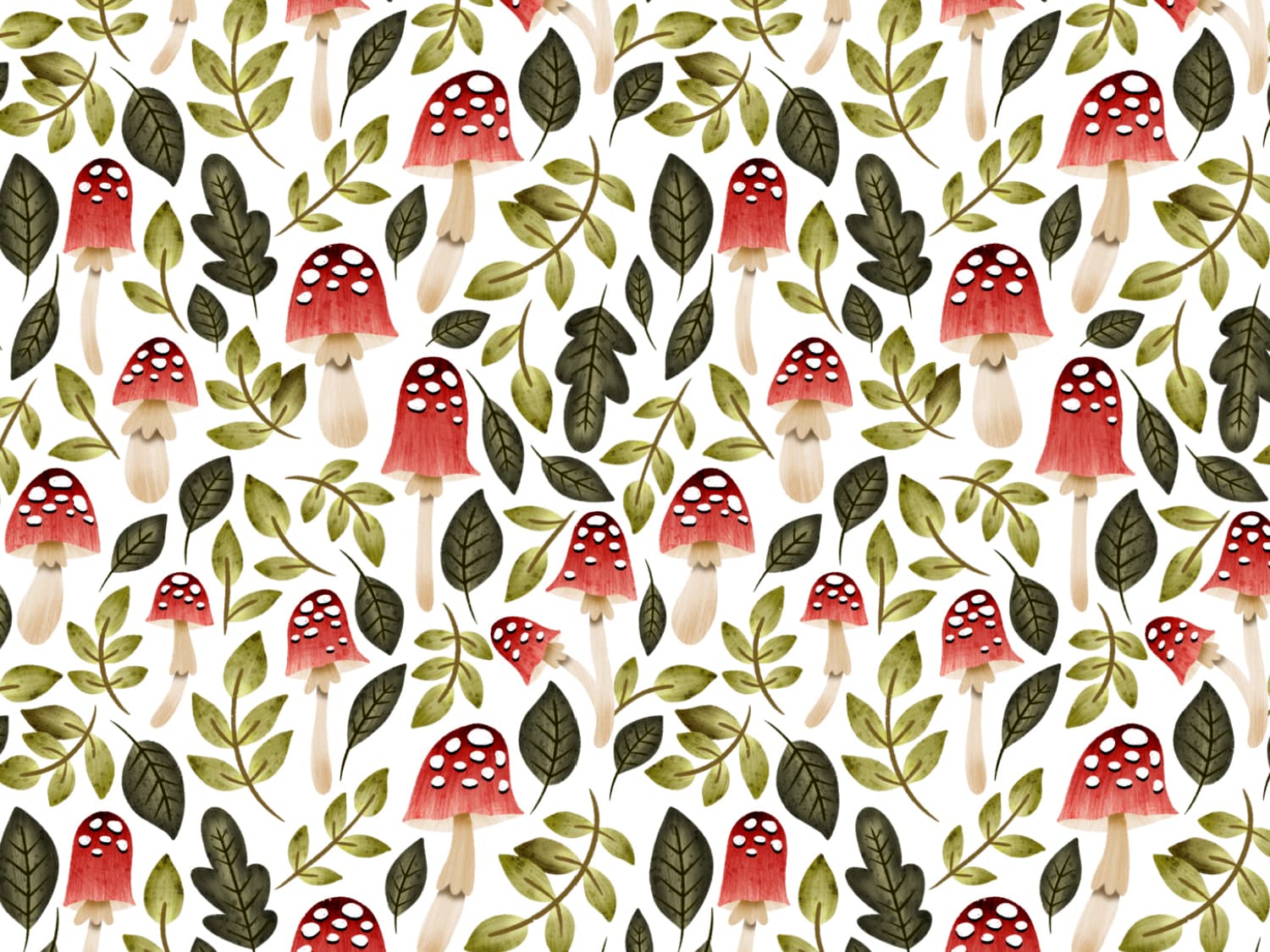 stoff-baumwolle-french-terry-sommersweat-kathi-kunterbunt-herbst-blaetter-laub-pilze-fliegenpilz-gruen-rot