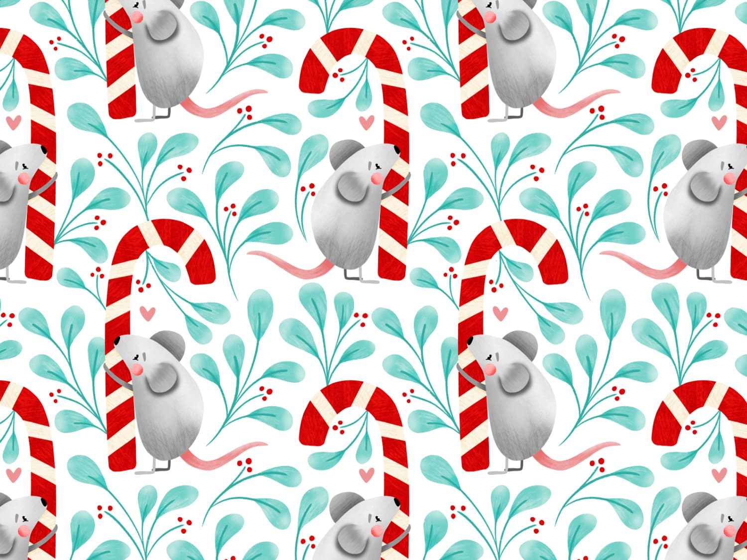 stoff-baumwolle-french-terry-sommersweat-kathi-kunterbunt-winter-blaetter-maus-mit-zuckerstange-herz-mint-rot-grau