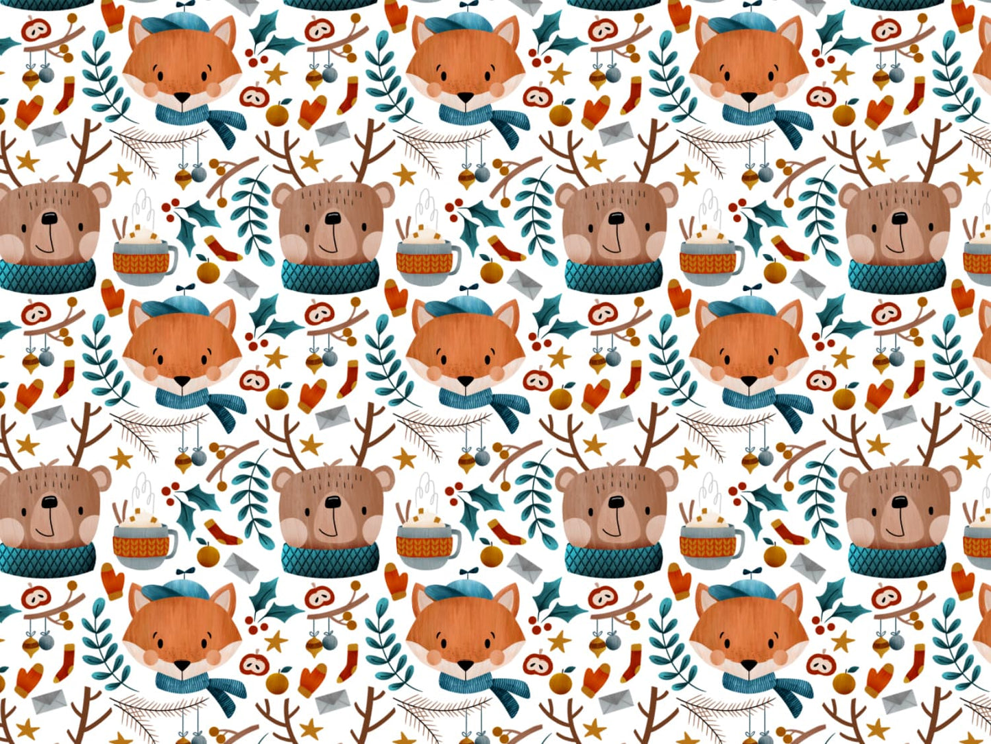 stoff-baumwolle-french-terry-sommersweat-kathi-kunterbunt-winter-freunde-tasse-zweig-ilex-apfel-orange-socken-handschuhe-fuchs-baer