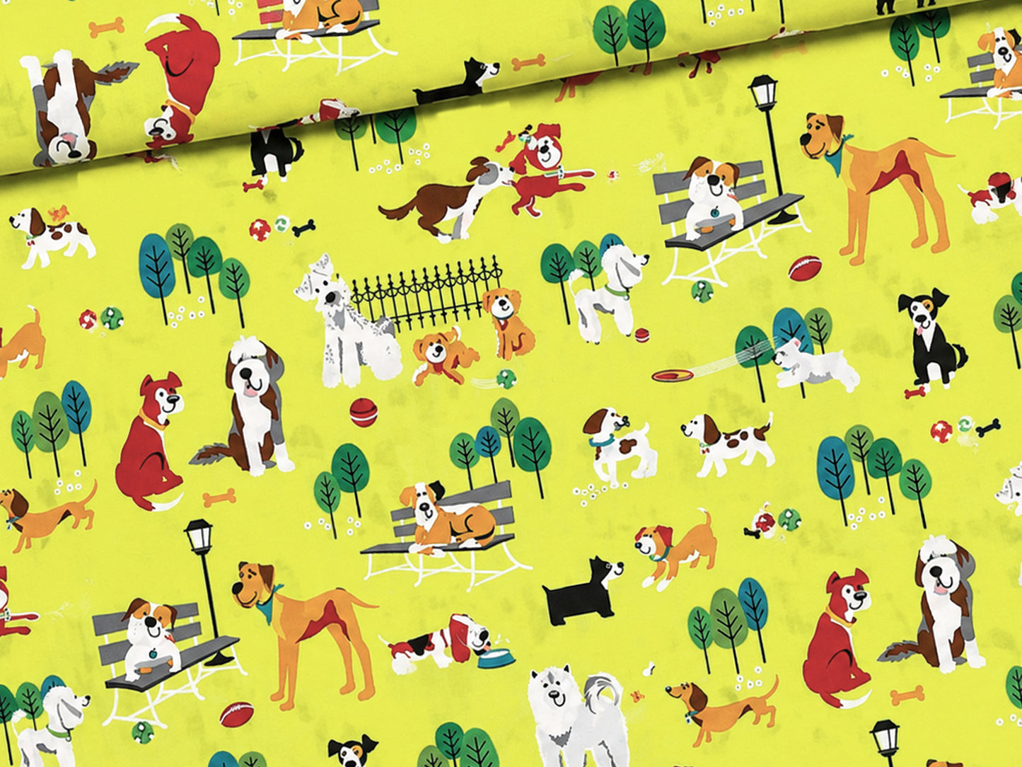 Patchworkstoff - Baumwolle Stoff - Dog Park, lustiges Design mit Hunden auf gelbem Hintergrund, ideal für kreative Nähprojekte.