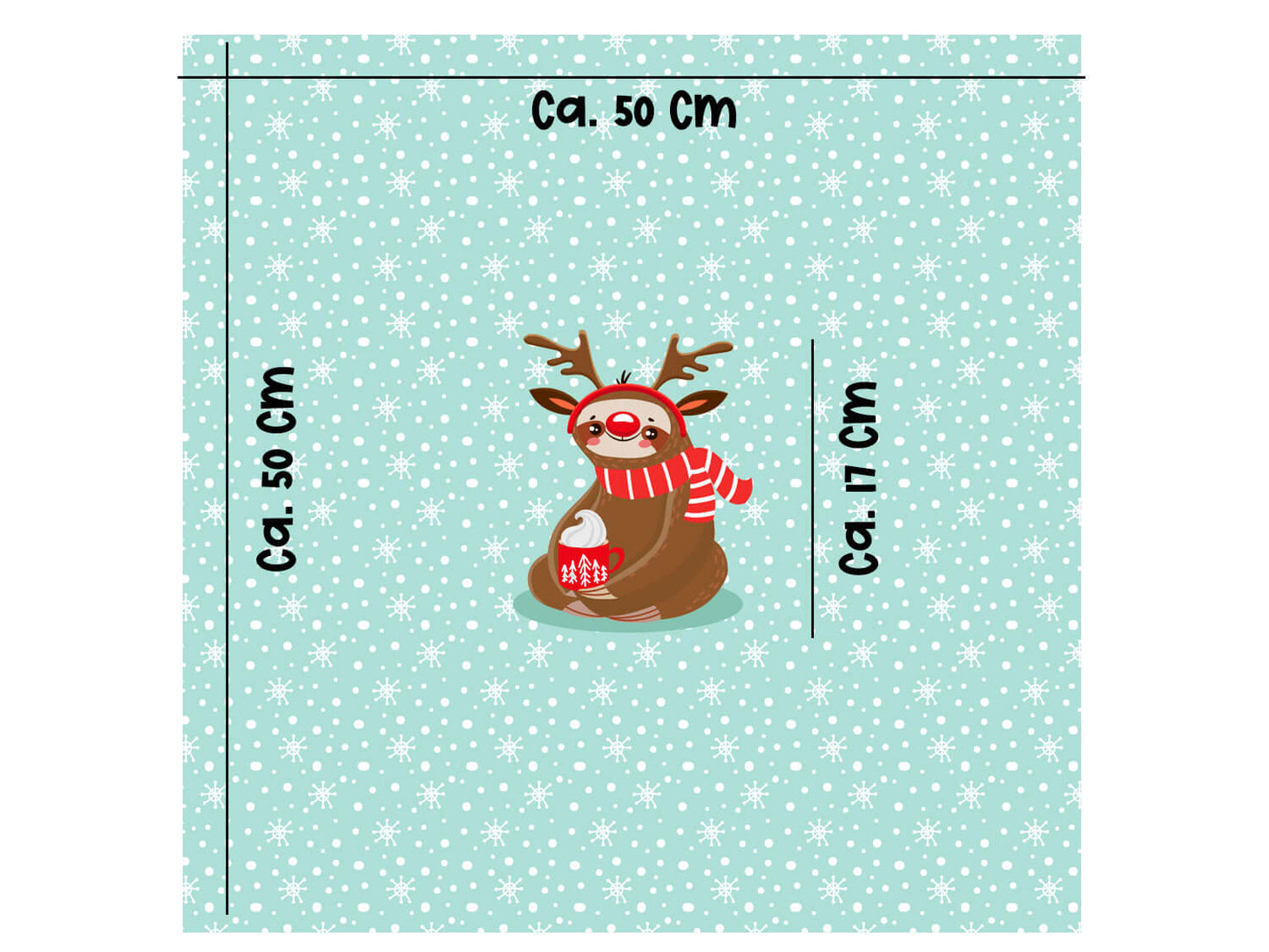 French Terry Merry Slothmas Panel mit einer verspielten Faultier Illustration auf einem Schneeflocken Hintergrund mit den, Dimensionen 50x50 cm.