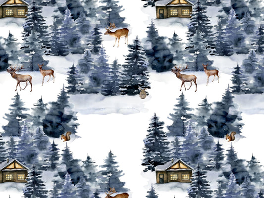 stoff-french-terry-sommersweat-sweat-baumwolle-kathi-kunterbunt-herbst-winter-weihnachten-wald-tannenbaum-reh-hirsch-hase-eichhoernchen-blau-vintage-christmas