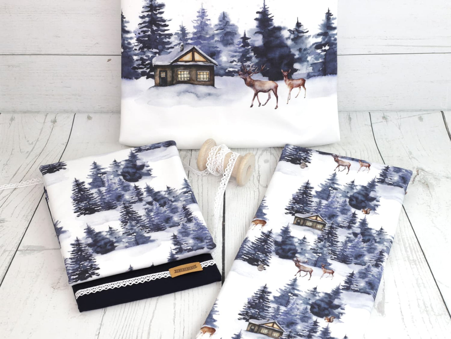 stoff-french-terry-sommersweat-sweat-kathi-kunterbunt-blue-christmas-winter-weihnachten-schnee-wald-forest-reh-haus-serie-2