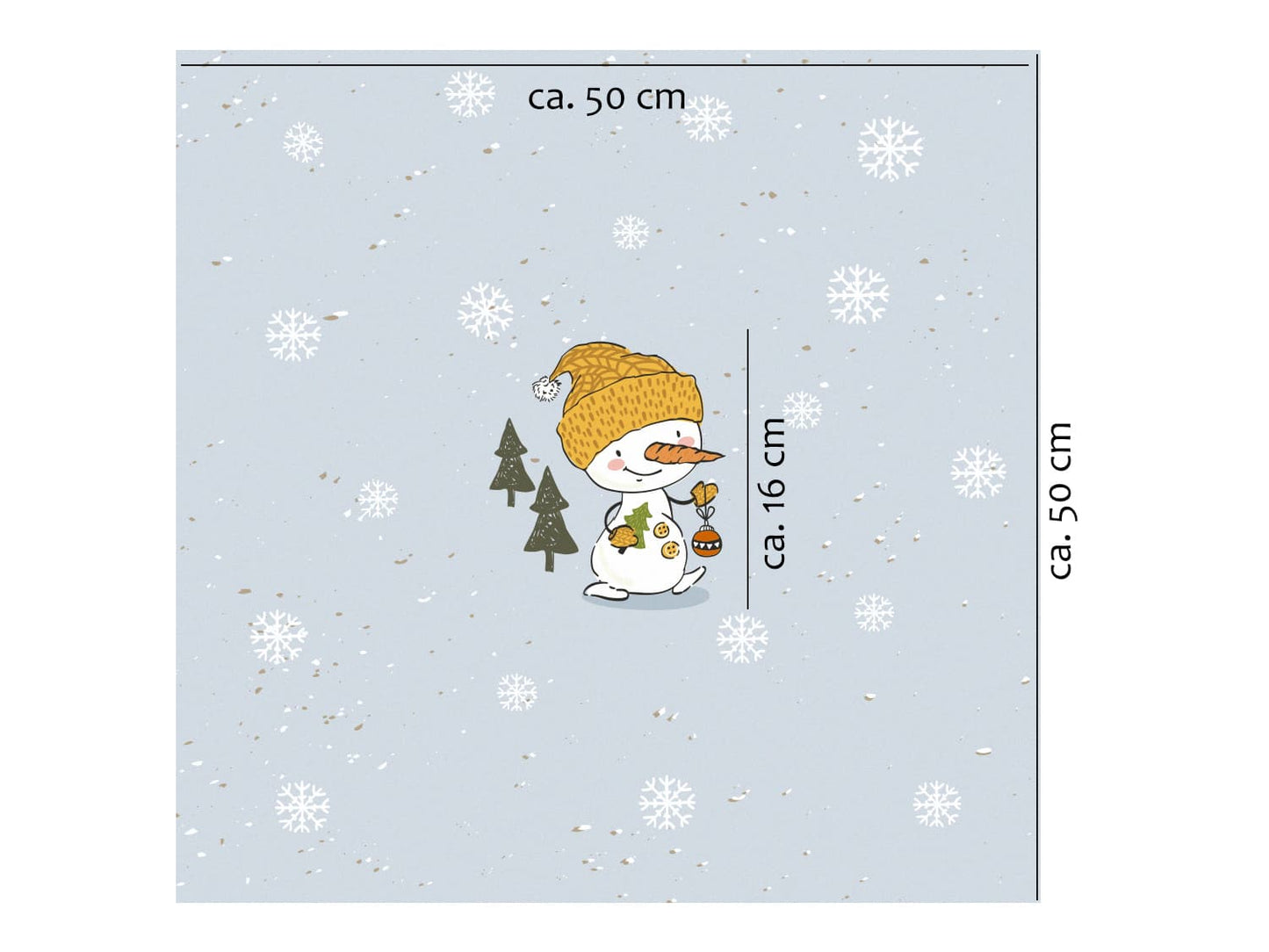 stoff-french-terry-sommersweat-sweat-unangeraut-baumwolle-kathi-kunterbunt-weihnachten-winter-schneemann-tannenbaum-schnee-schneeflocken-blaugrau-panel-schneemann-mit-baumschmuck-m