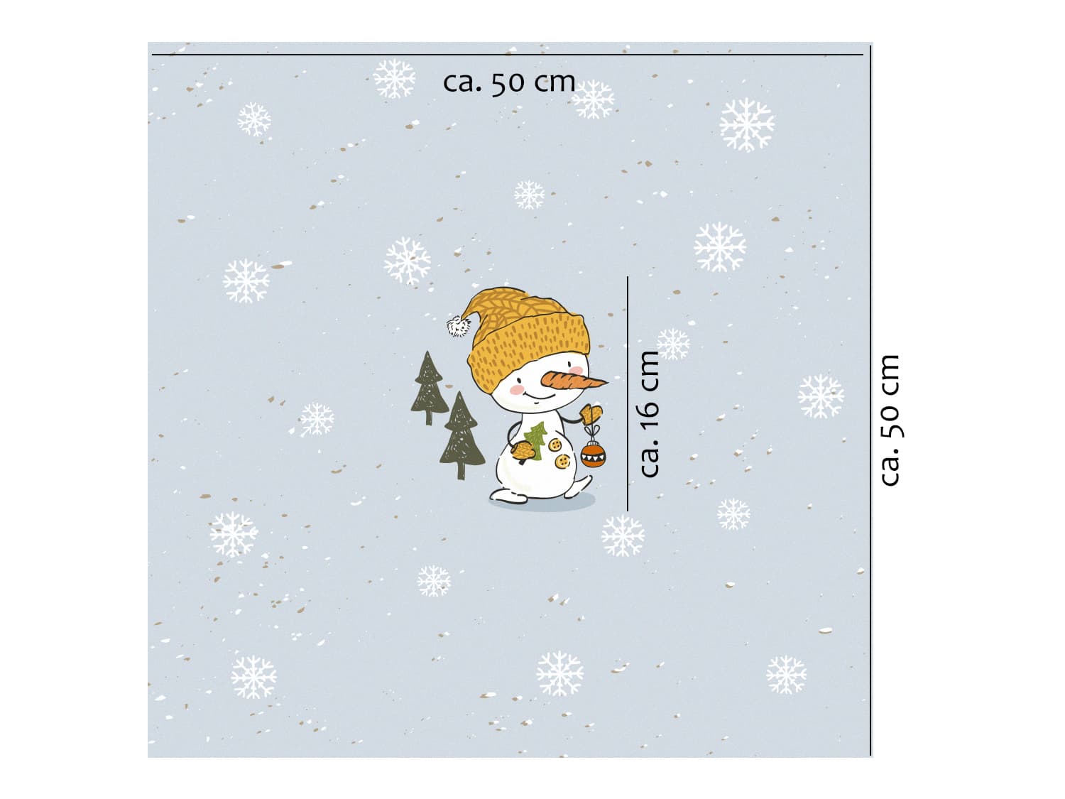 stoff-french-terry-sommersweat-sweat-unangeraut-baumwolle-kathi-kunterbunt-weihnachten-winter-schneemann-tannenbaum-schnee-schneeflocken-blaugrau-panel-schneemann-mit-baumschmuck-m