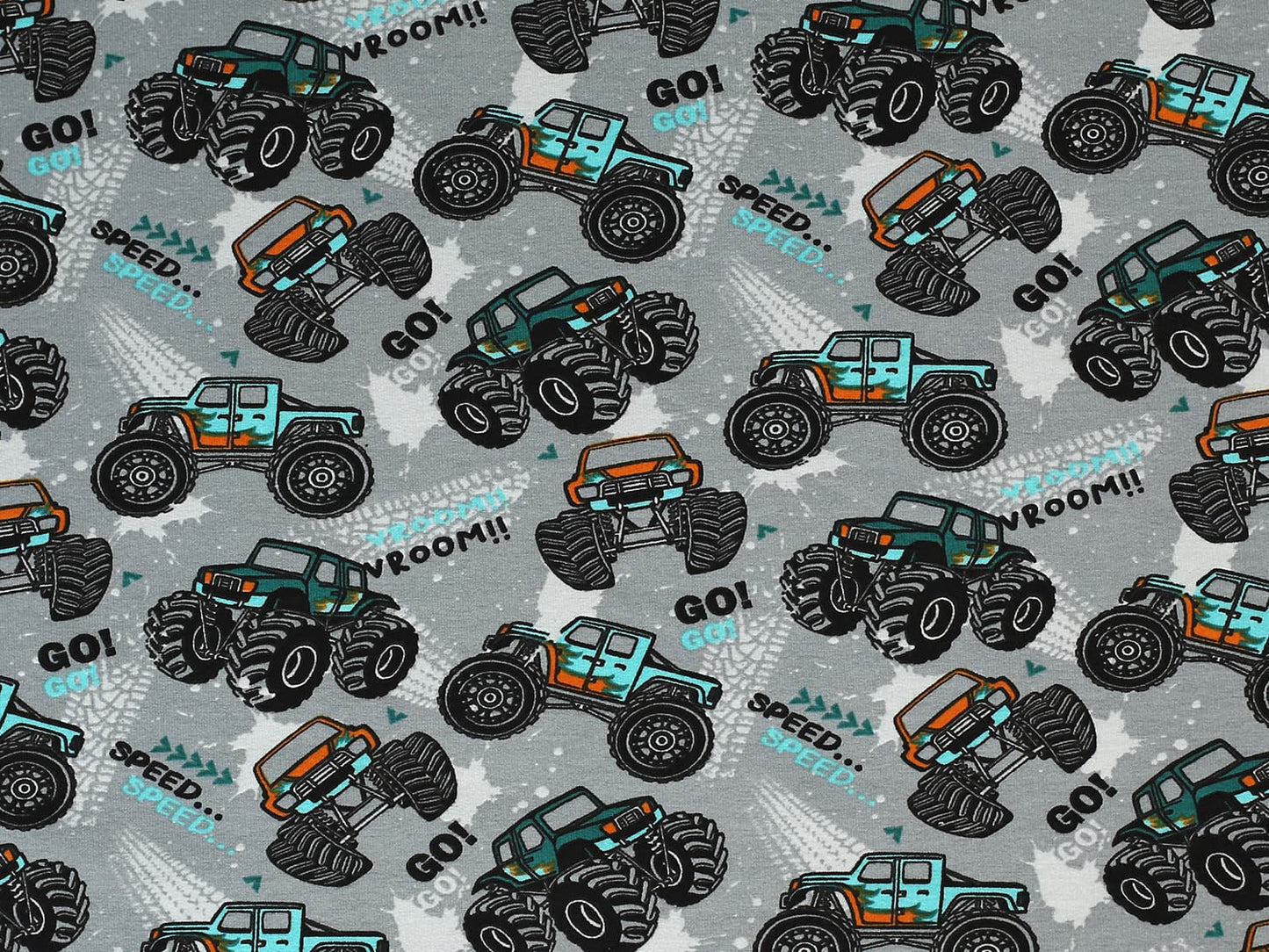 stoff-french-terry-sommersweat-unangeraut-baumwolle-monster-truck-fahrzeug-speed-vroom-hellgrau