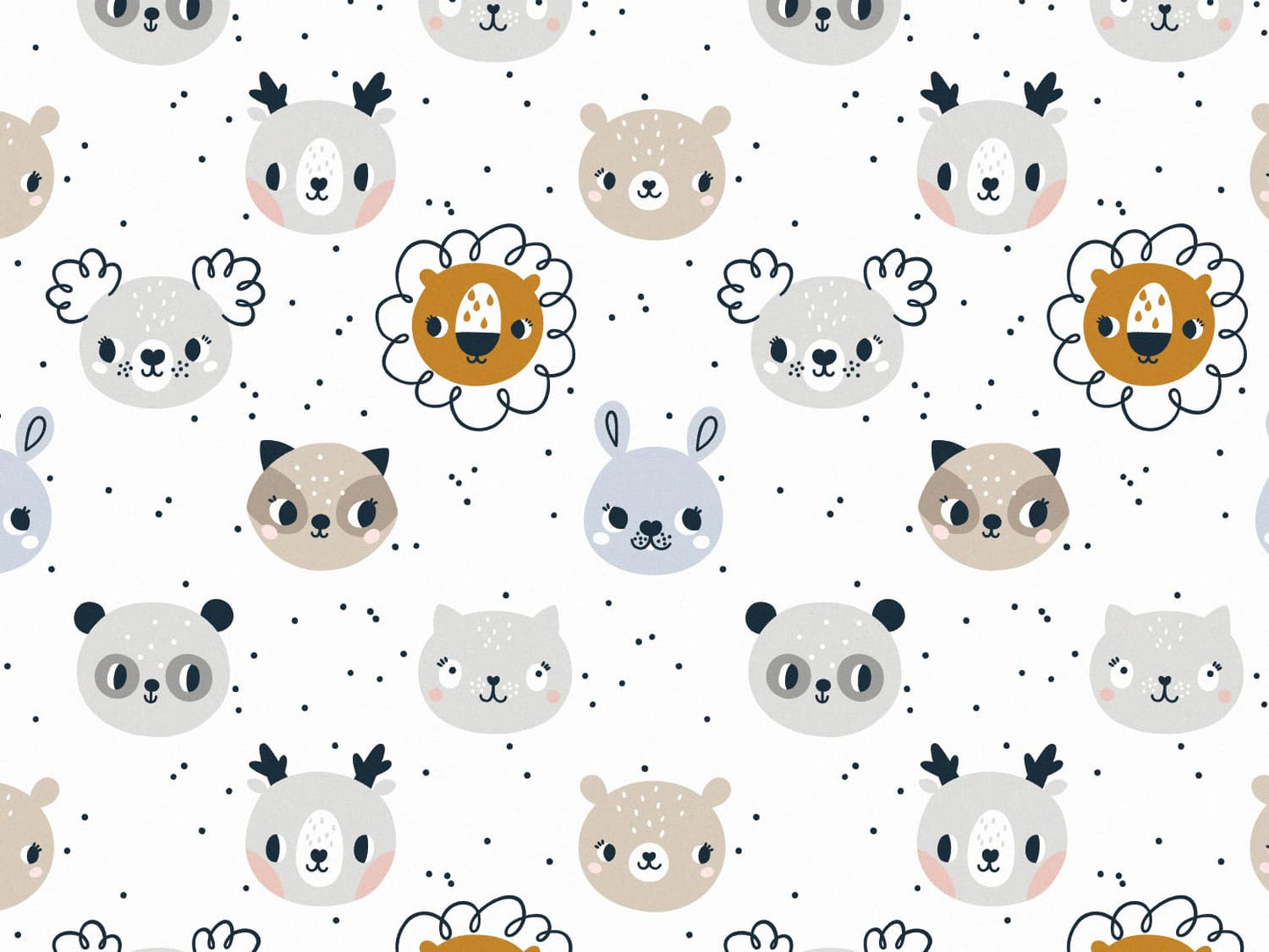 stoff-french-terry-sweat-sommersweat-baumwolle-tiere-baby-animals-kleine-wildtiere-kopf-koepfe-tupfen-loewe-koala-katze-reh-baer-panda-waschbaer-beige-grau-blau-weiss