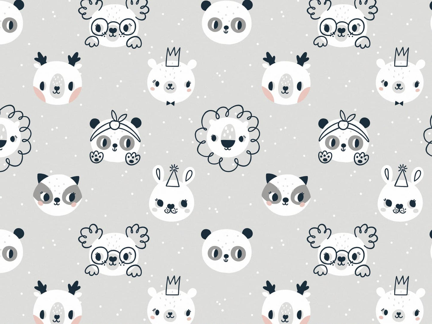 stoff-french-terry-sweat-sommersweat-baumwolle-tiere-baby-animals-kleine-wildtiere-kopf-koepfe-tupfen-loewe-koala-katze-reh-baer-panda-waschbaer-grau-weiss