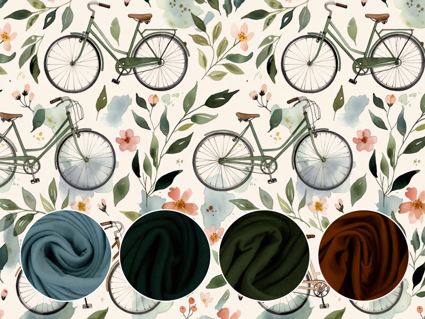 RESTSTÜCK Jersey Stoff - Blütenfahrt ca. 58cm mit Fahrrädern und floralen Motiven, verschiedene Farboptionen.