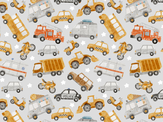 Jersey Stoff - Fahrzeuge Kreuz & Quer - grau