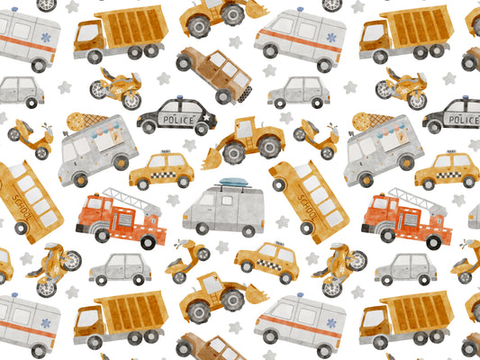 Jersey Stoff - Fahrzeuge Kreuz & Quer - weiß