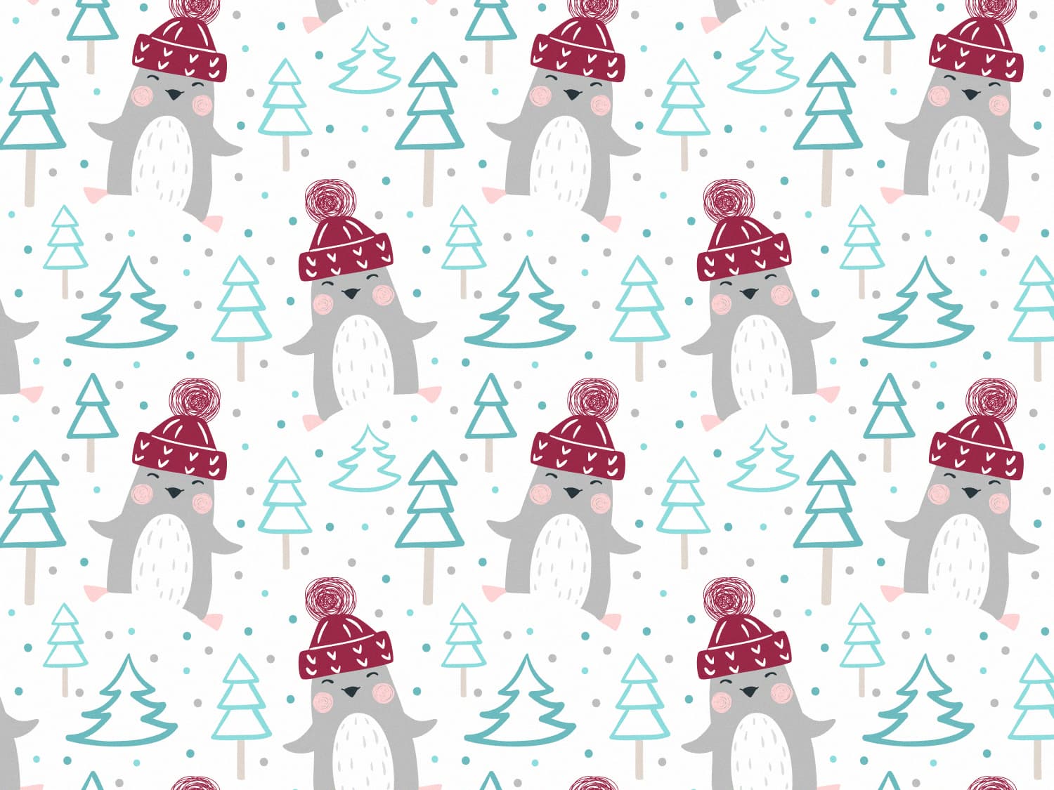 stoff-jersey-baumwolle-baumwolljersey-kathi-kunterbunt-winter-pinguin-mit-muetze-baum-im-wald-mint-bordeaux