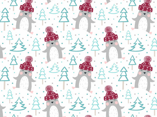 stoff-jersey-baumwolle-baumwolljersey-kathi-kunterbunt-winter-pinguin-mit-muetze-baum-im-wald-mint-bordeaux