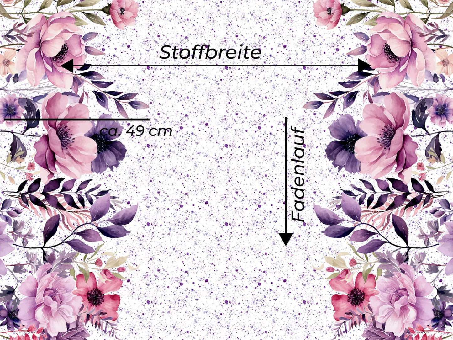 stoff-jersey-baumwolle-baumwolljersey-panel-borduere-blumen-gross-xxl-sprenkel-lila-beere-fadenlauf