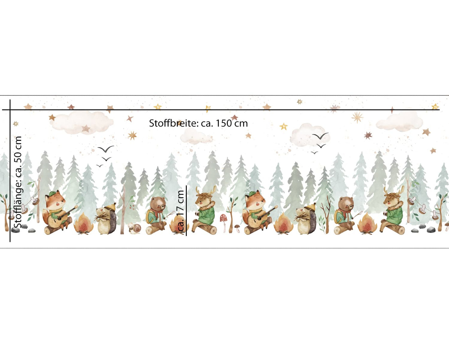 stoff-jersey-baumwolle-baumwolljersey-panel-happy-camper-wald-waldfreunde-fuchs-igel-schnecke-baer-elch-sterne-masse