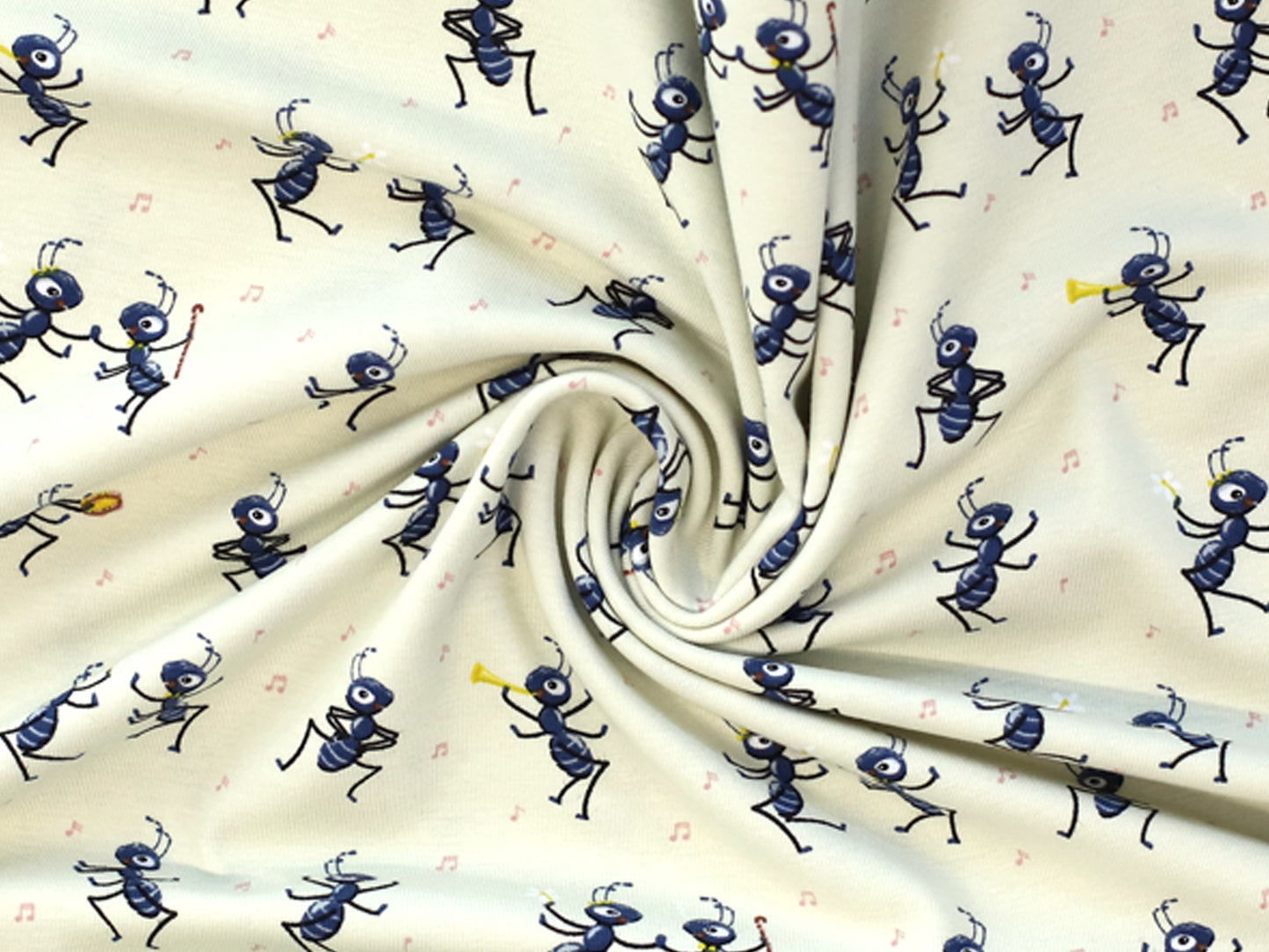 Party ants cotton jersey fabric with playful ants on a cream background, perfect for fun sewing projects.