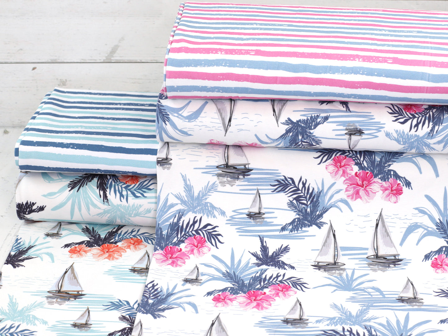 stoff-jersey-baumwolle-baumwolljersey-schiff-palme-blau-pink-kombi