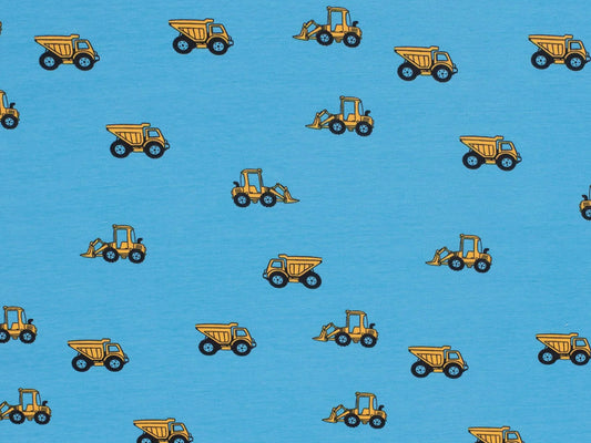 Jersey Stoff - Baufahrzeuge - hellblau