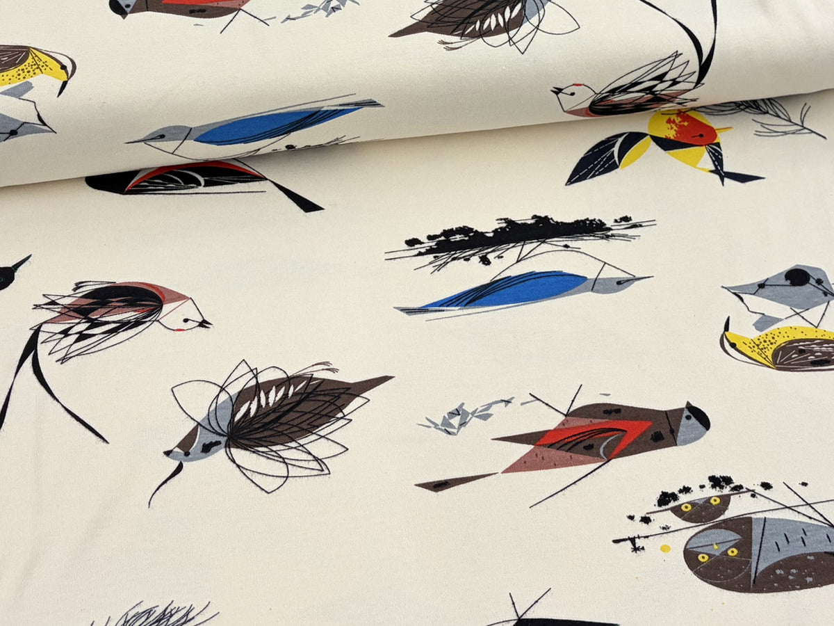 Jersey Stoff - Western Birds, creme