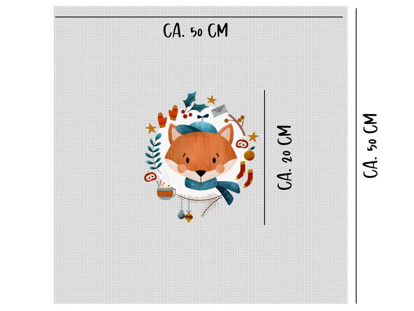 stoff-panel-baumwolle-french-terry-sommersweat-kathi-kunterbunt-winter-freunde-tasse-zweig-ilex-apfel-orange-socken-handschuhe-fuchs-masse