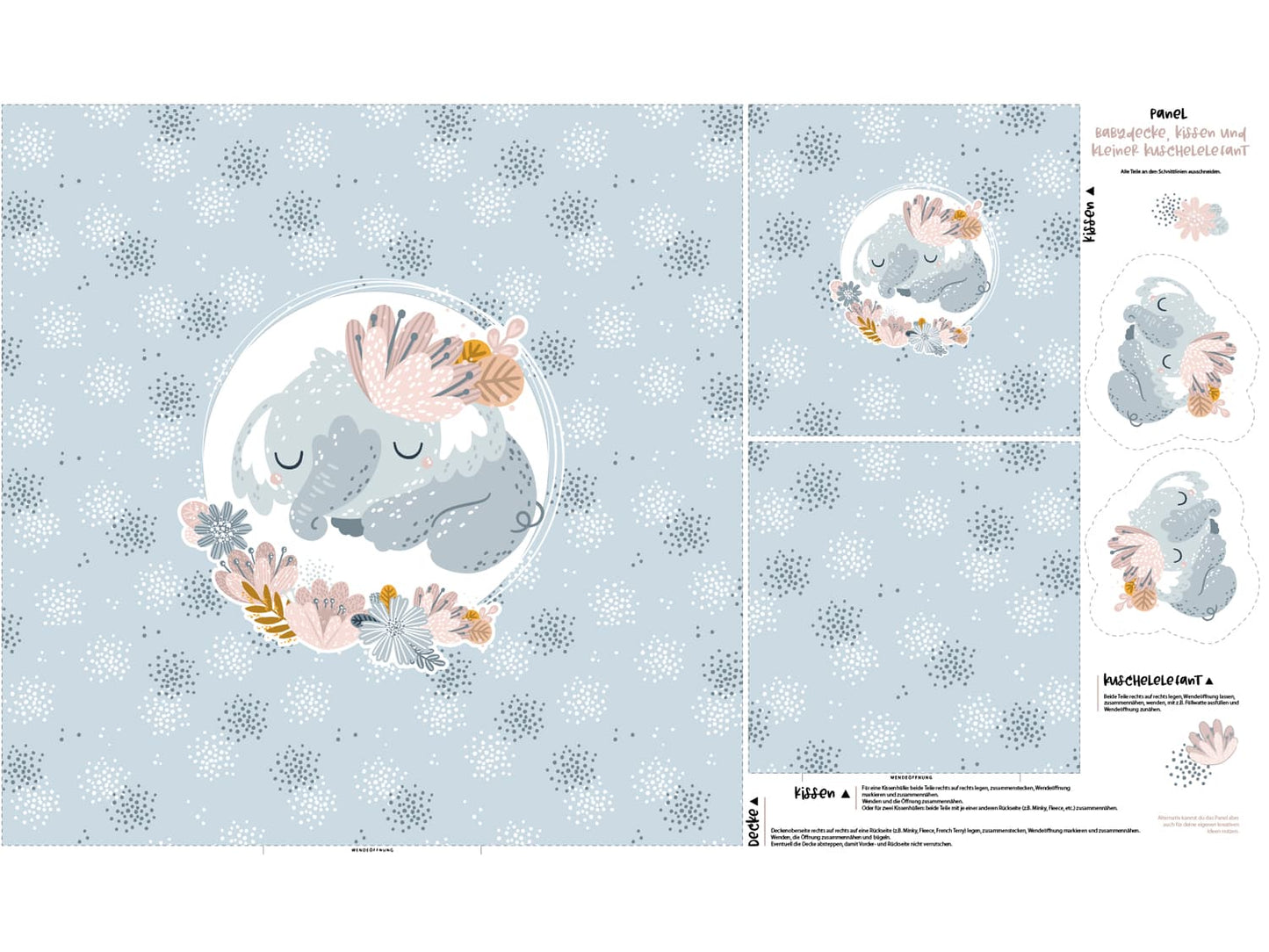 stoff-panel-french-terry-sommersweat-sweat-unangeraut-decke-kissen-diy-elefant-schlafend-blume