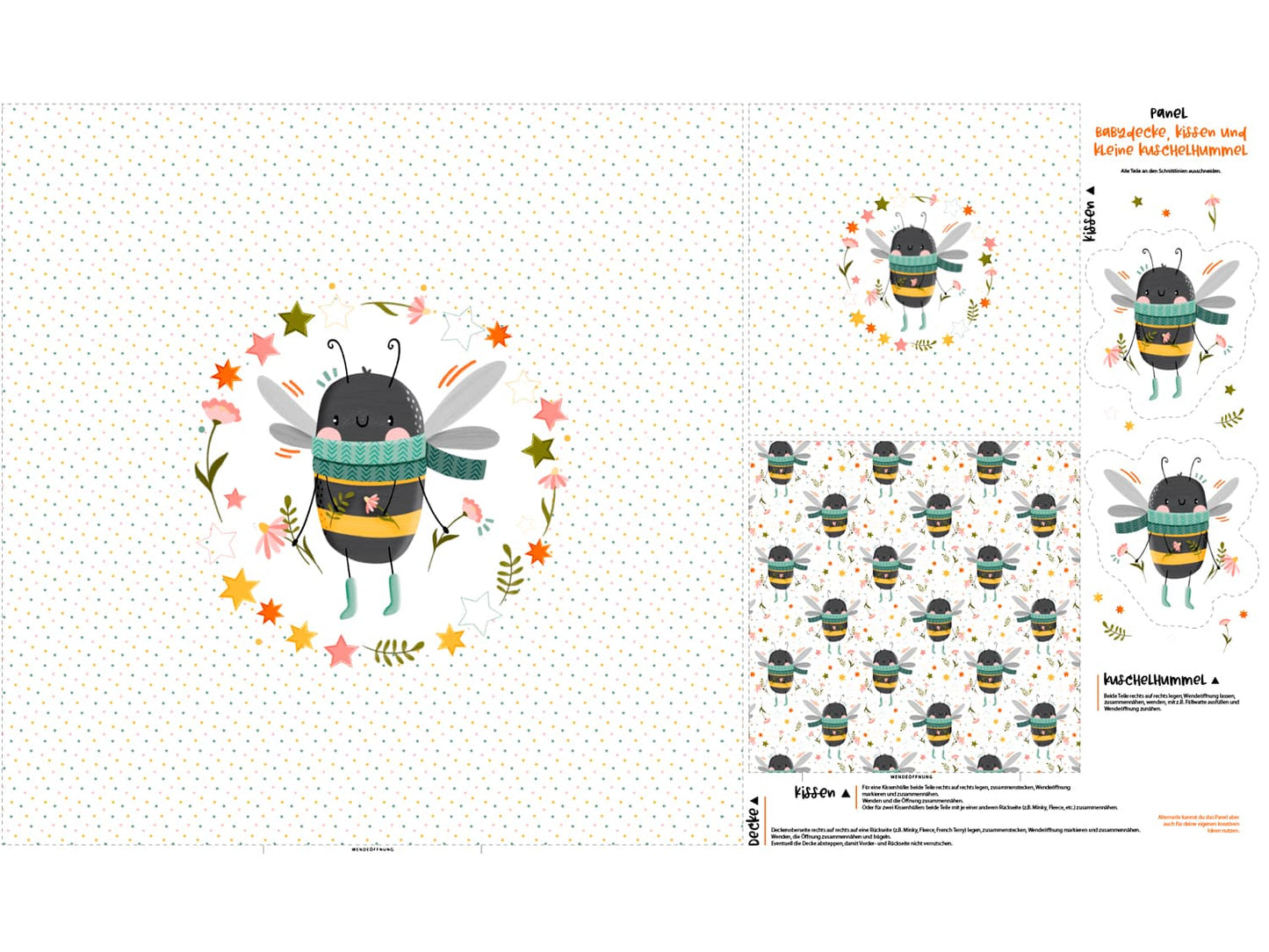 stoff-panel-french-terry-sommersweat-sweat-unangeraut-decke-kissen-diy-hummel-blumen-tupfen