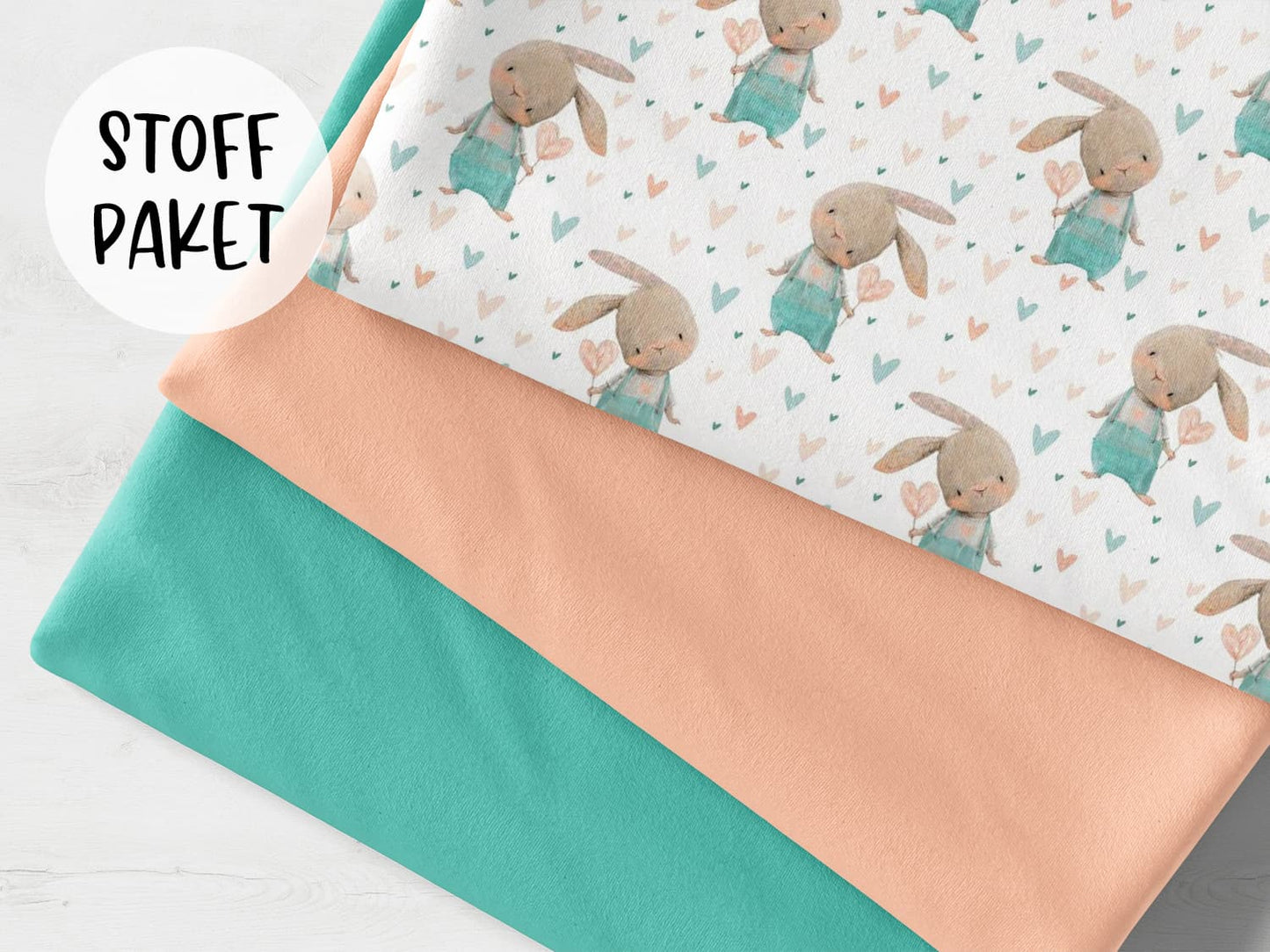 stoffpaket-jersey-baumwolljersey-buendchen-hase-mit-herz-peach-melba-mint-bild