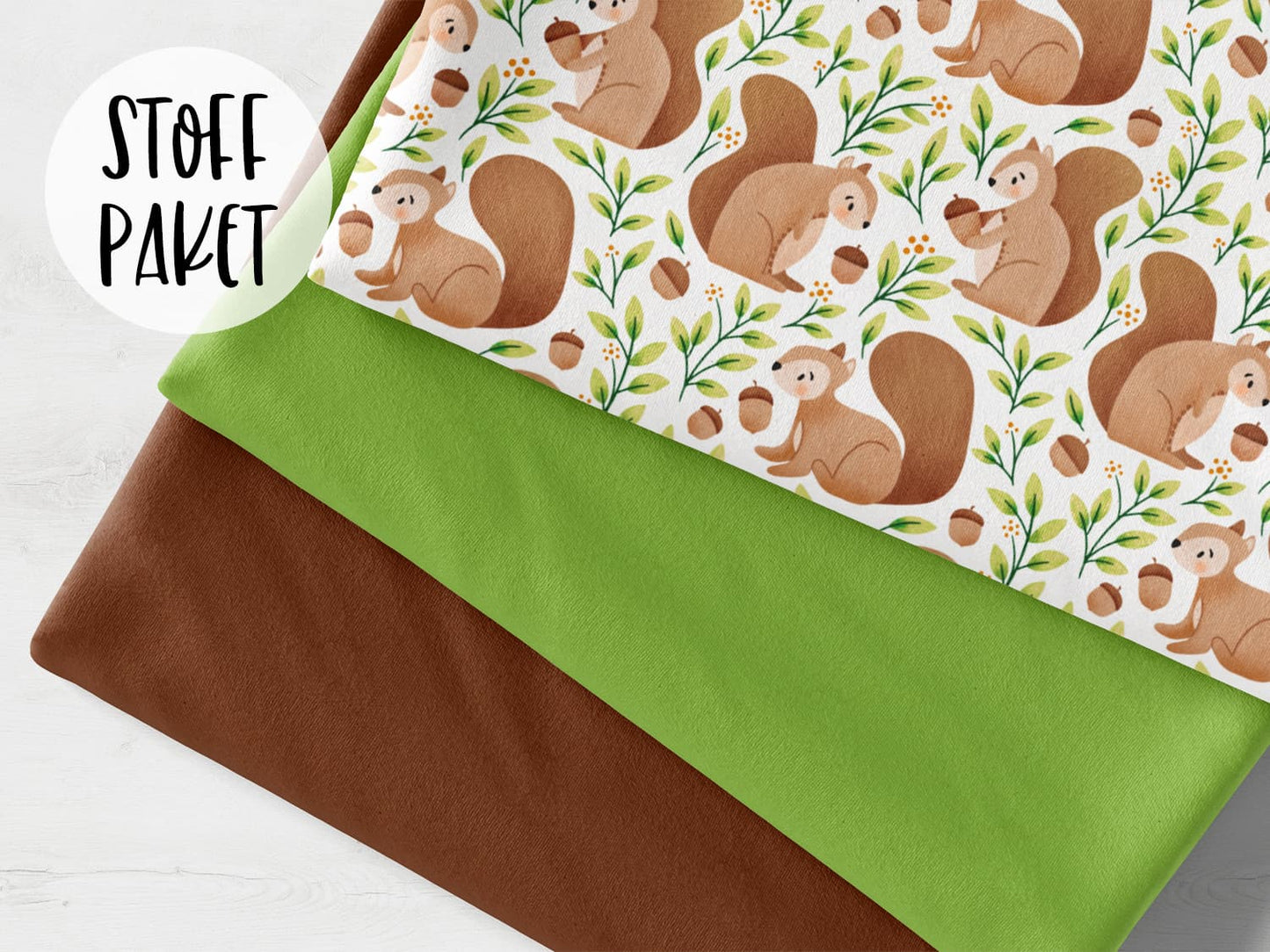 stoffpaket-stoff-baumwolle-french-terry-sommersweat-kathi-kunterbunt-herbst-winetr-autumn-fall-eichel-blaetter-laub-eichhoernchen-tier-waldtier-waldfreunde-gruen-braun-bild