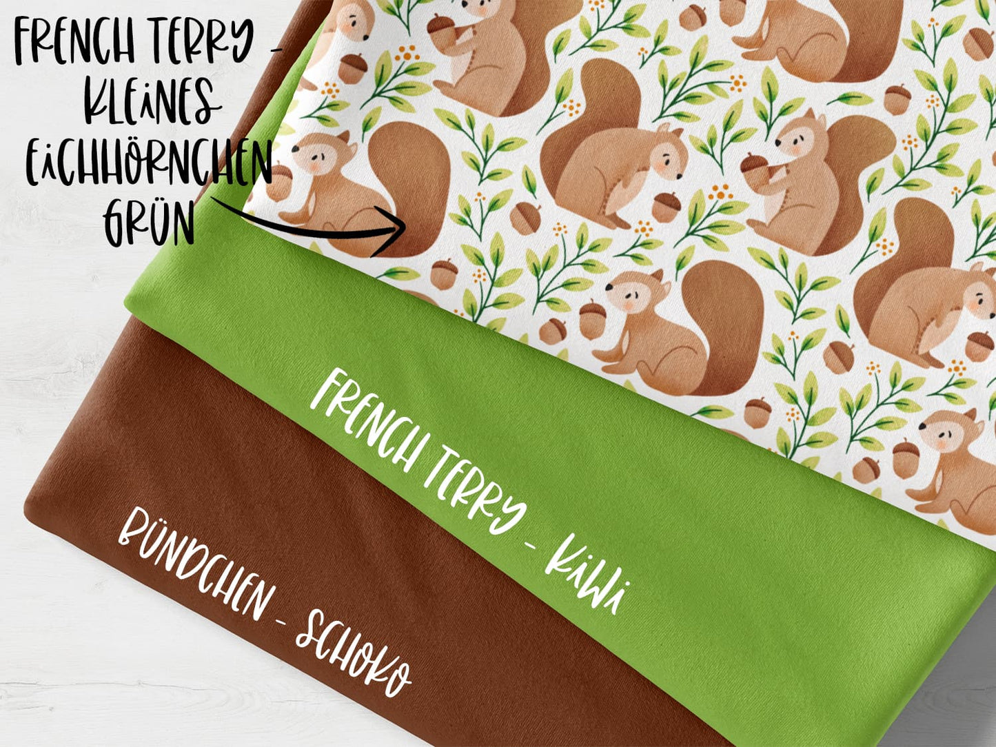 stoffpaket-stoff-baumwolle-french-terry-sommersweat-kathi-kunterbunt-herbst-winetr-autumn-fall-eichel-blaetter-laub-eichhoernchen-tier-waldtier-waldfreunde-gruen-braun